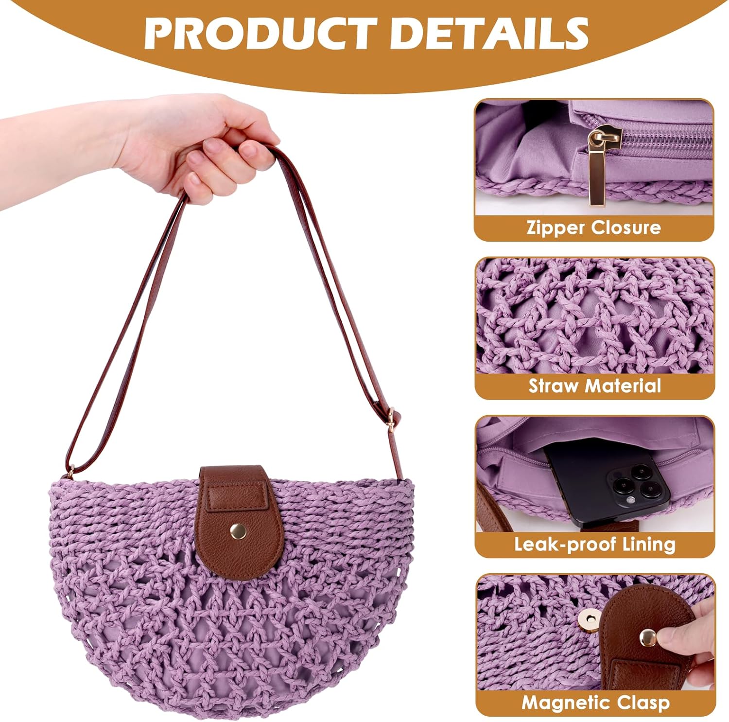 Detalle de juctshee Woven Crossbody Bag for Women – Compact, Lightweight Taupe Boho Shoulder Bag
