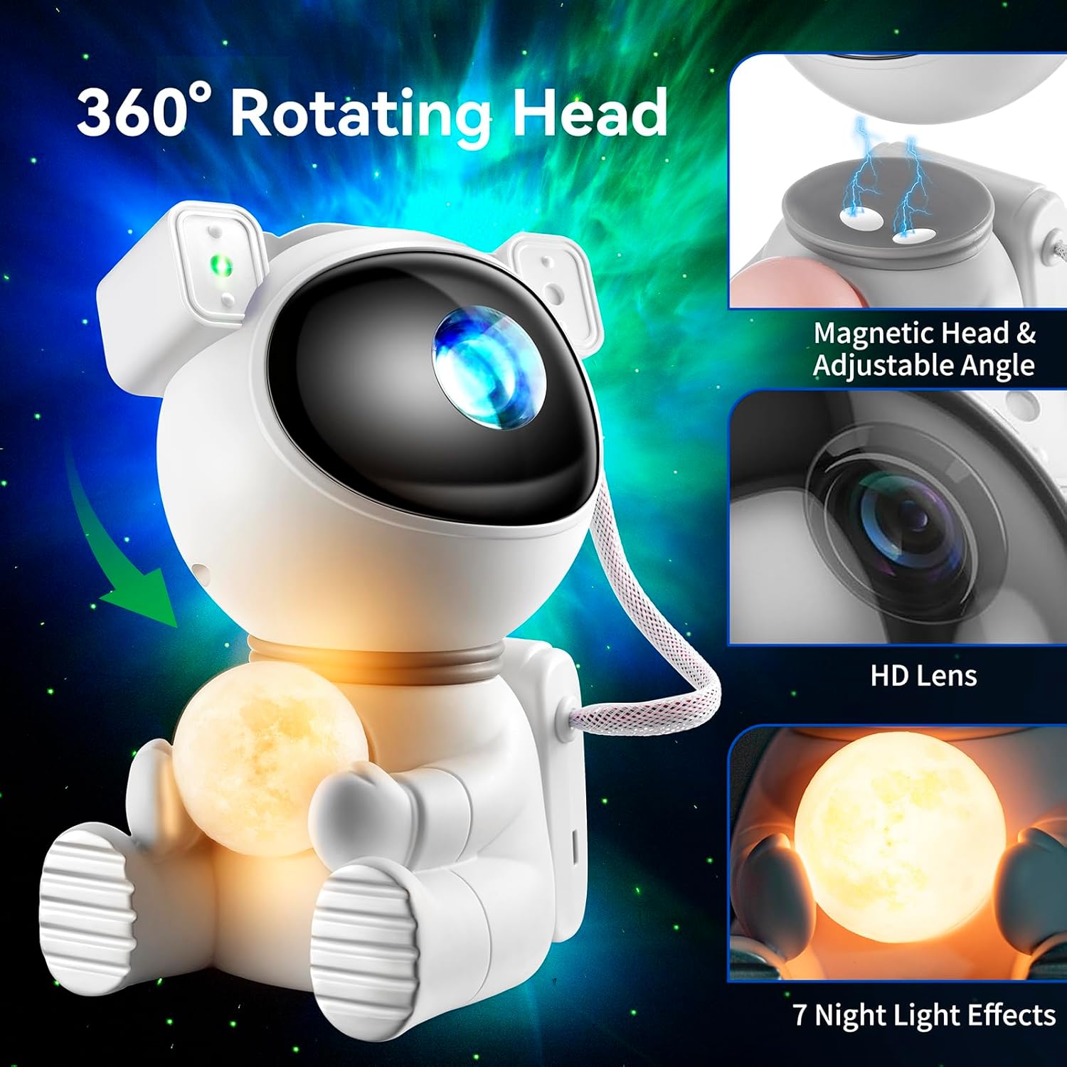 Detalle de Aoshet Astronaut Galaxie-Projektorlicht 2-in-1 mit Mondlampe, 360°-Einstellung und Fernbedienung (Weiß)