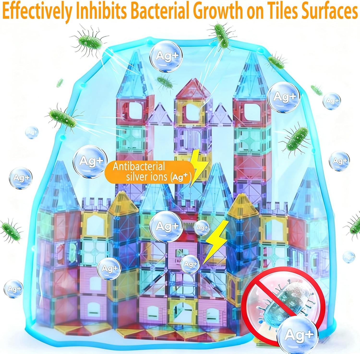 Thumbnail 4 de HAPPYMATY Upgraded Antibacterial Magnetic Tiles (106 PCS) with 2 Cars for Kids