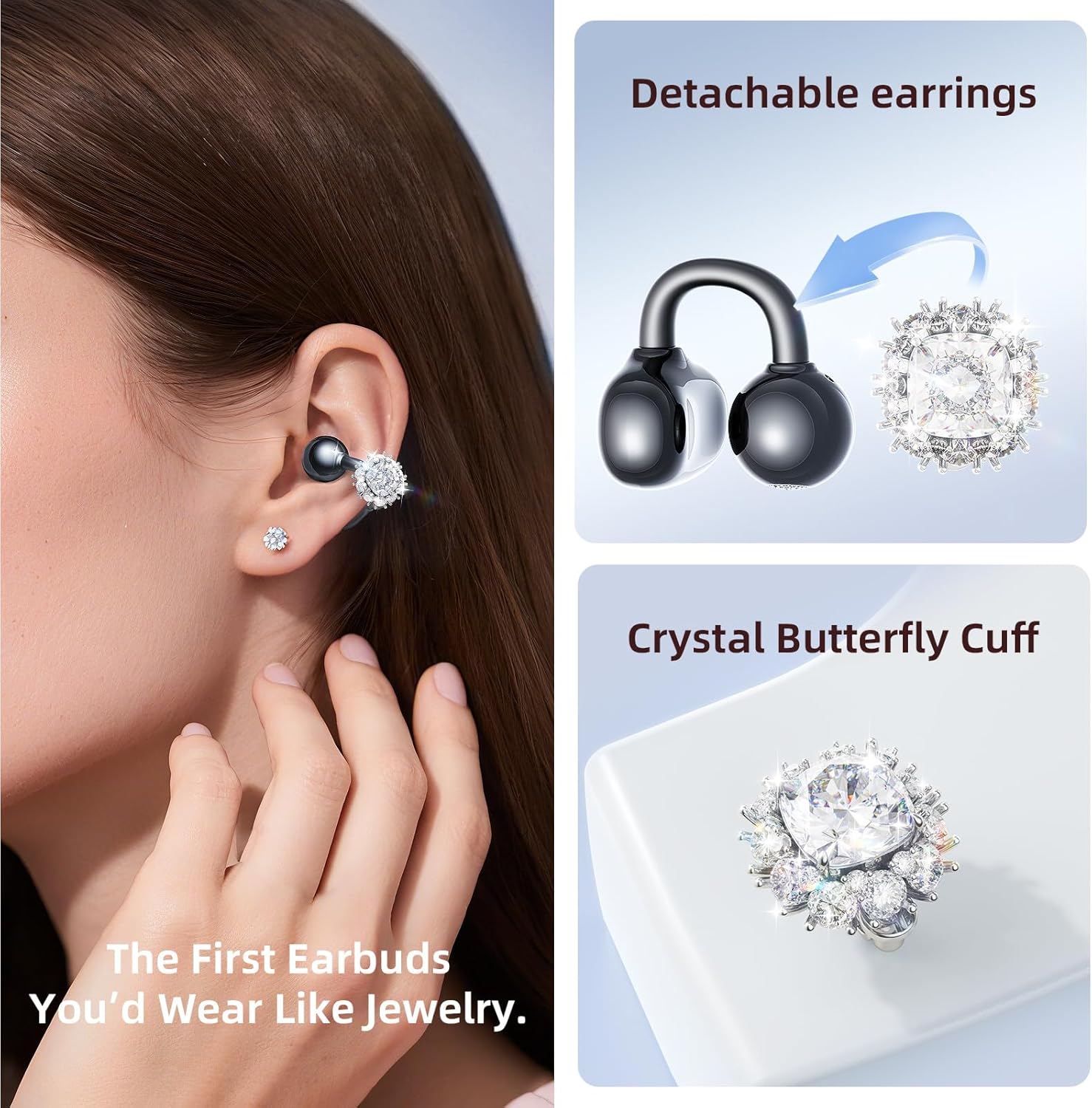 Thumbnail 1 de Kinglucky Jewelry-Inspired Clip-On Open-Ear Bluetooth Earbuds with Removable Crystal Earrings (Black)