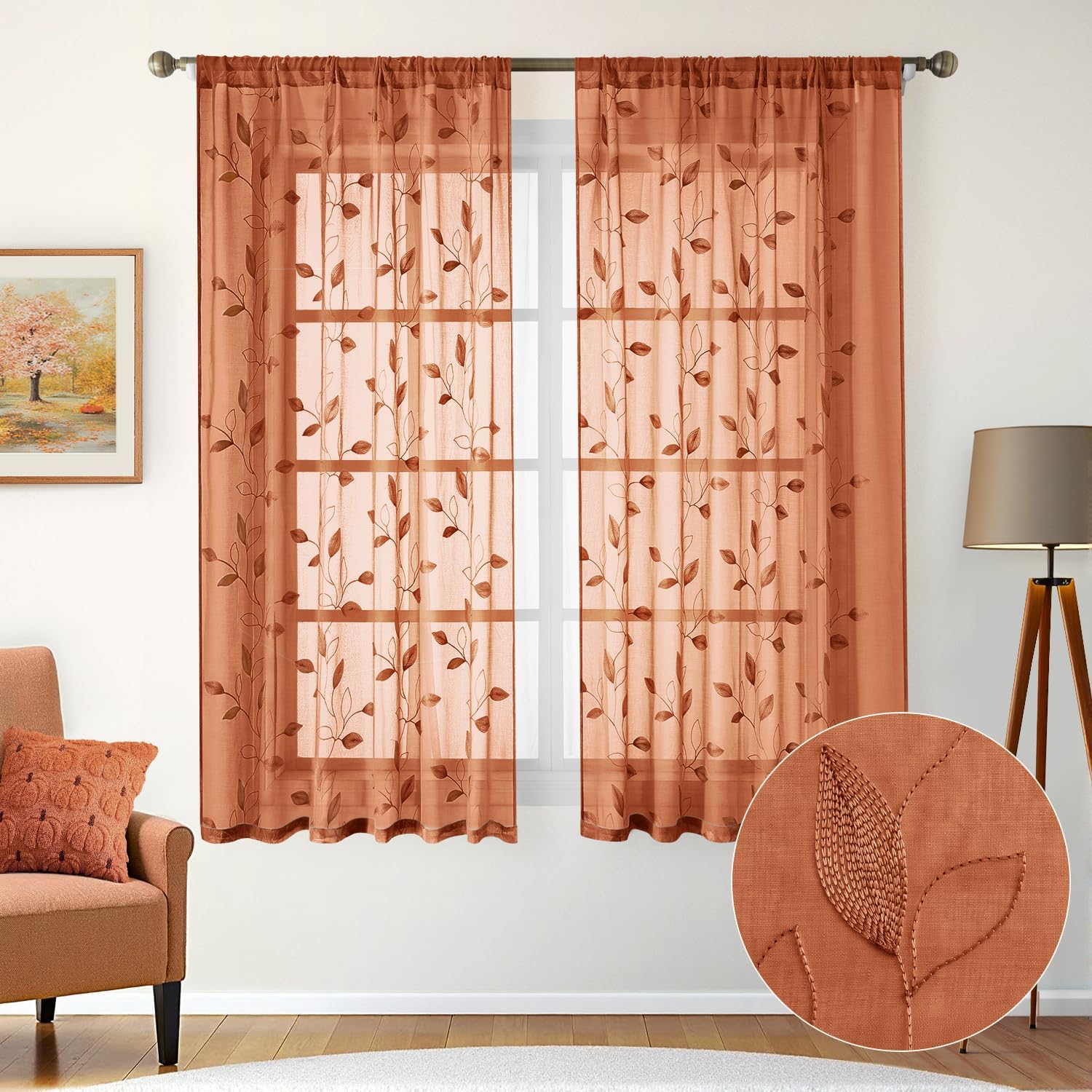 Thumbnail 1 de HOMEIDEAS Burnt Orange Sheer Curtains, Floral Embroidery, 52 x 63 Inches, 2 Panels