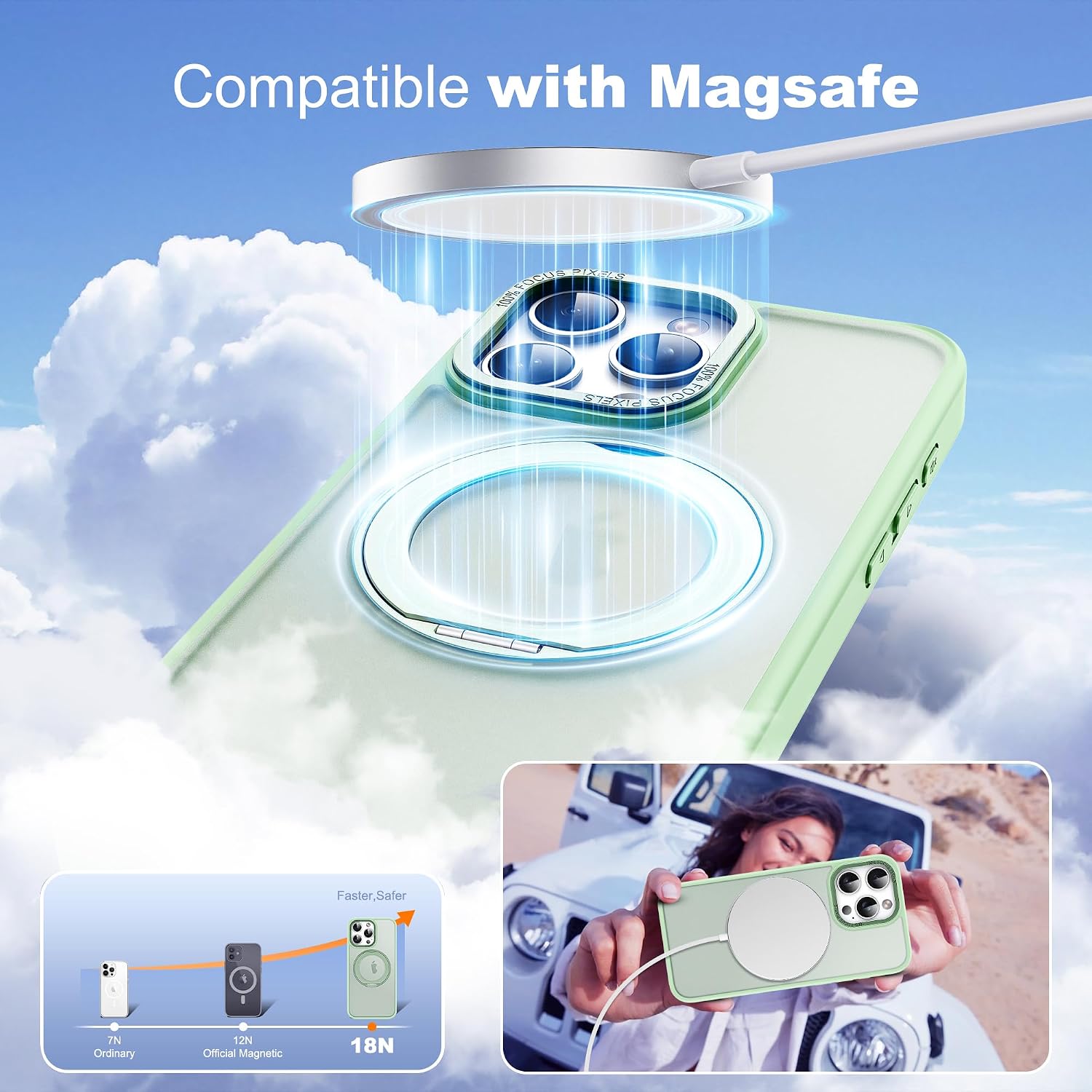 Detalle de Zalinbo iPhone 15 Pro Case with 360° Rotatable Magnetic Ring Stand — MagSafe Compatible, Military Protection, Green