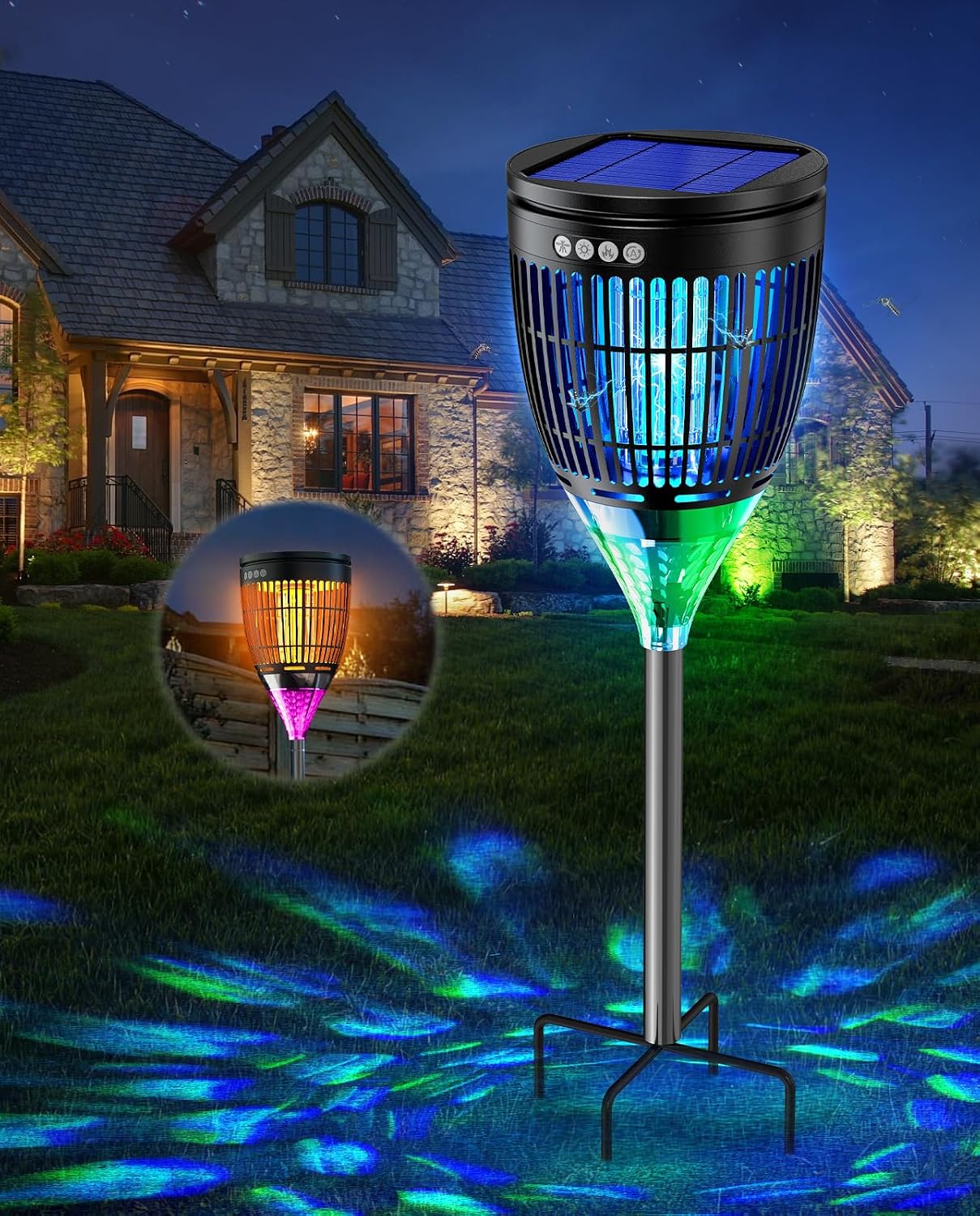Detalle de Dnenellr Solar Insektenvernichter Outdoor – kabellose 4200V Mückenlampe mit IPX5, Solar & USB-C, Erdspieß