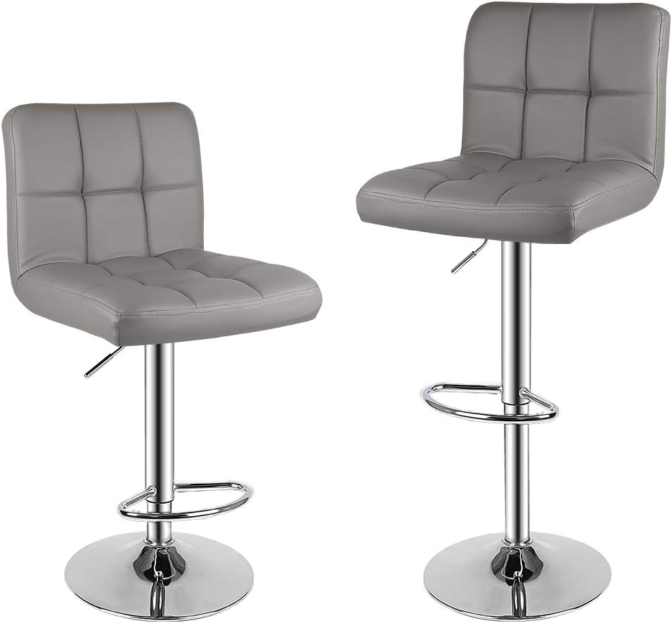 Detalle de bigzzia 3 Bar Stool Set of 2, Adjustable Grey Faux Leather Swivel Chairs
