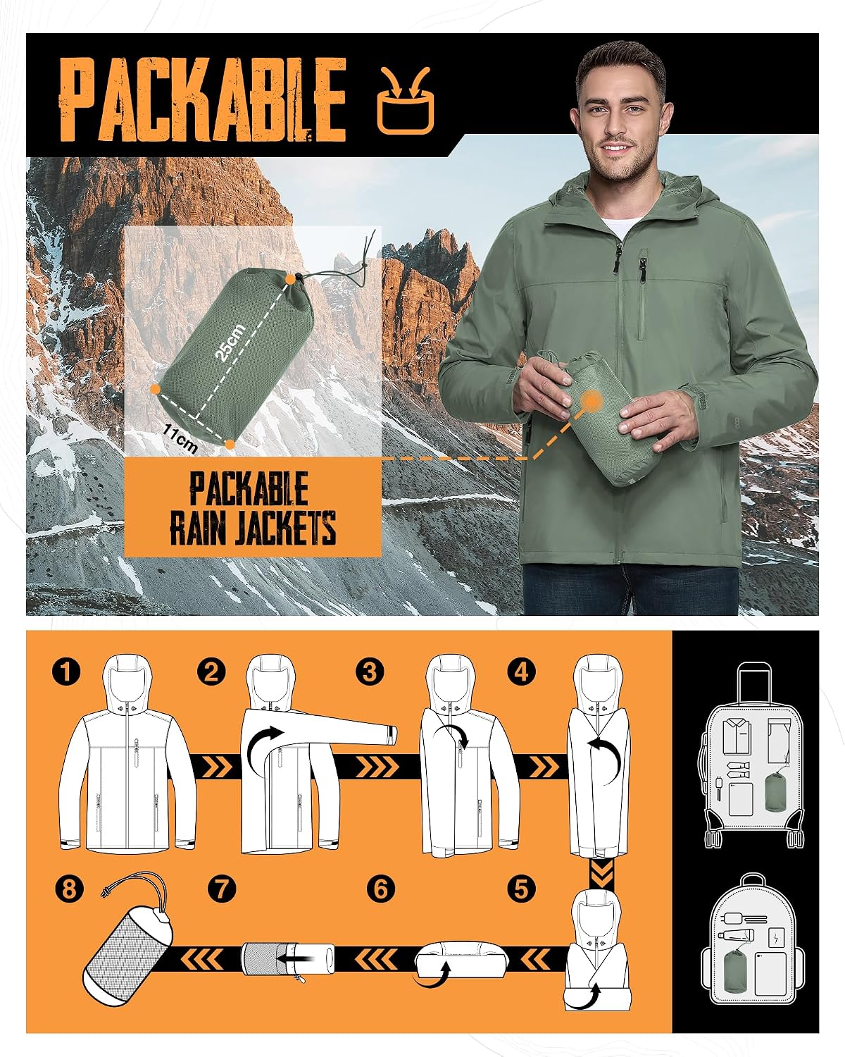 Detalle 2 de 33,000ft Men's Packable Rain Jacket, Waterproof, Breathable, Mesh Lined