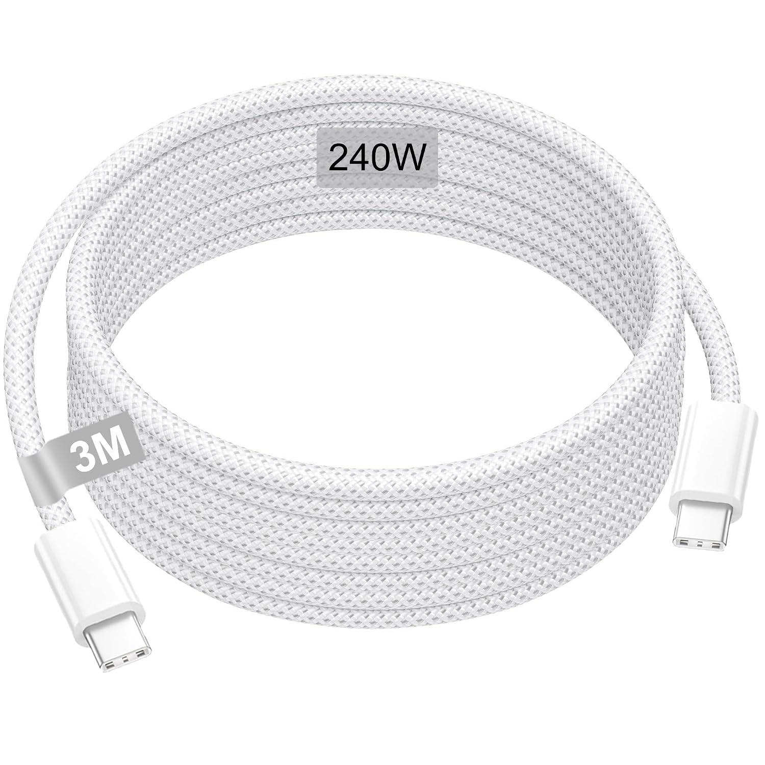 Detalle de KINPEE KIN-C2C-003 240W USB-C Cable, 3m Braided Nylon, White