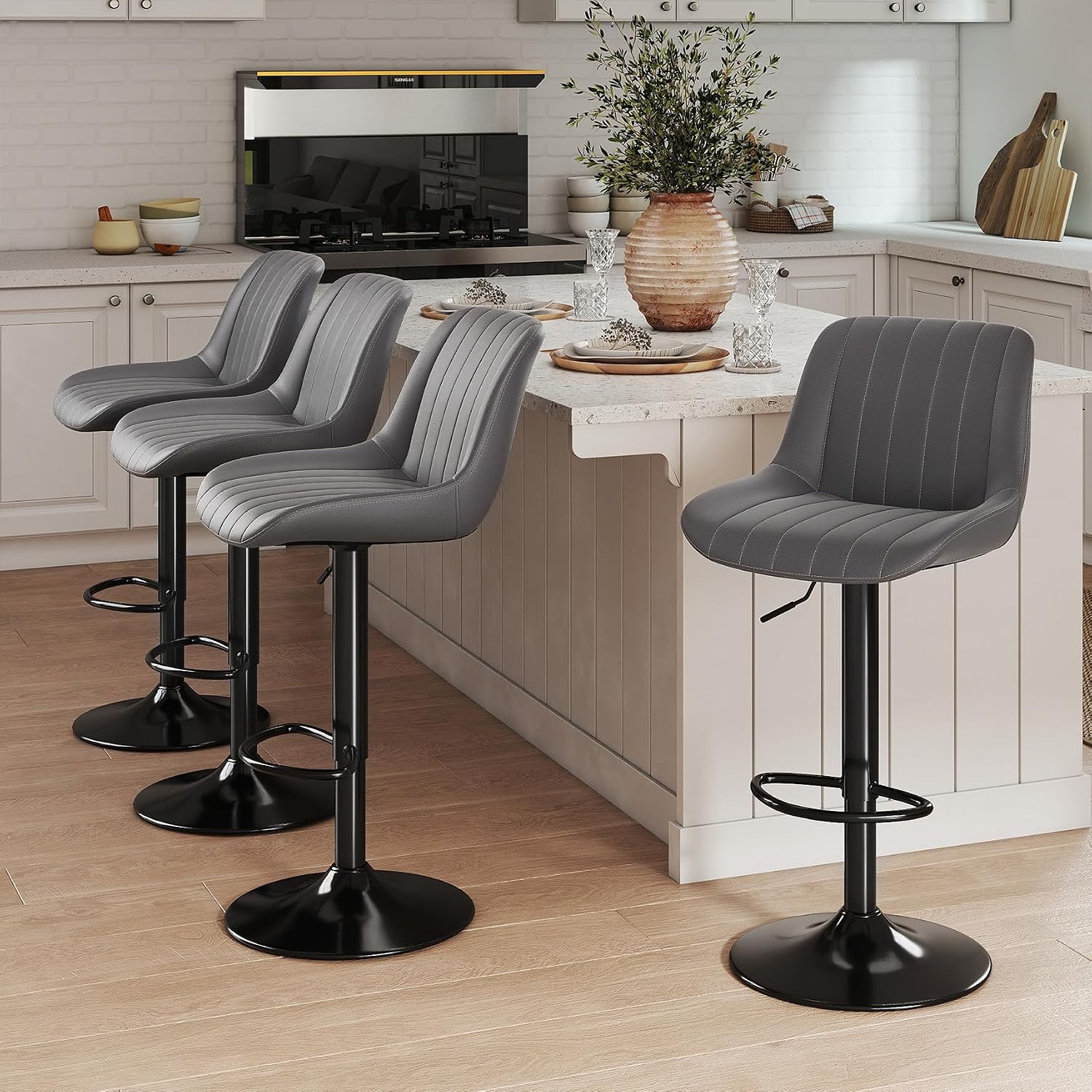 Detalle 2 de Youhauchair Barhocker 4er-Set mit Rückenlehne, drehbar & höhenverstellbar (PU-Leder), dunkelgrau
