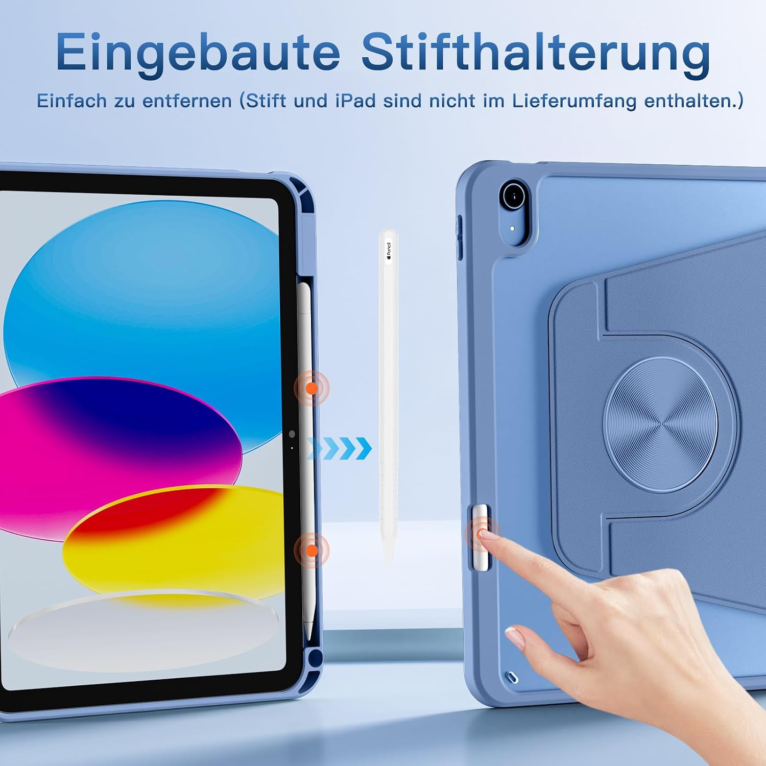 Detalle de drivego 360° drehbare Hülle für iPad (A16) – magnetisch, abnehmbar, mit Stifthalter, transparentem Hart-PC-Backcover, blau