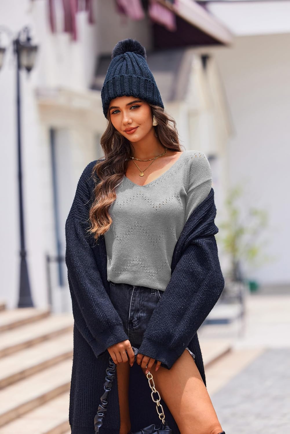 Detalle 2 de Zeagoo Pull Femme Col V en Crochet S-XXL