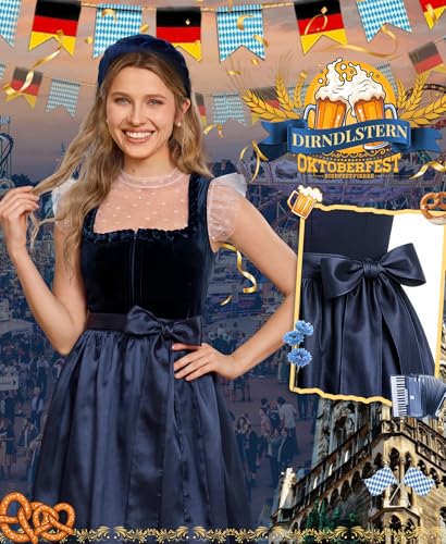 Detalle 2 de DIRNDLSTERN Damen Blau Samt Midi-Dirndl mit Reißverschluss, 70 cm – Oktoberfest Outfit