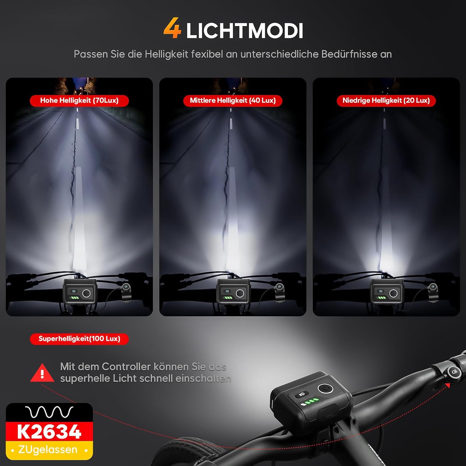Detalle de Fahrradlicht Set 100 LUX mit Bremsfernlichtfunktion – STVZO-zugelassen, IPX5, 3200 mAh Akku