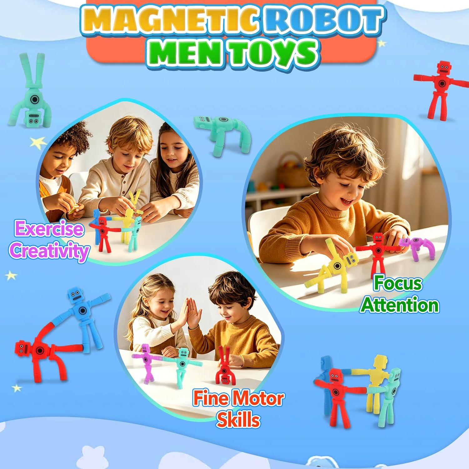 Detalle de Travel Magnetic Fidget Toys: 5‑Piece Magnetic Robot Men for Kids Aged 3–8 (Multi-Purpose, Whiteboard & Fridge Magnets)
