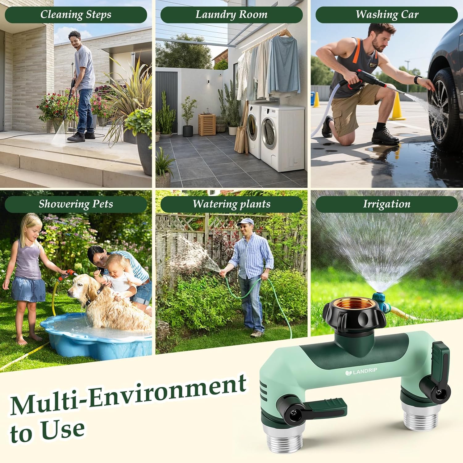 Detalle de Landrip Garden Hose Splitter 2 Way with Individual Valves – 3/4 Inch Heavy Duty Outdoor Faucet Splitter