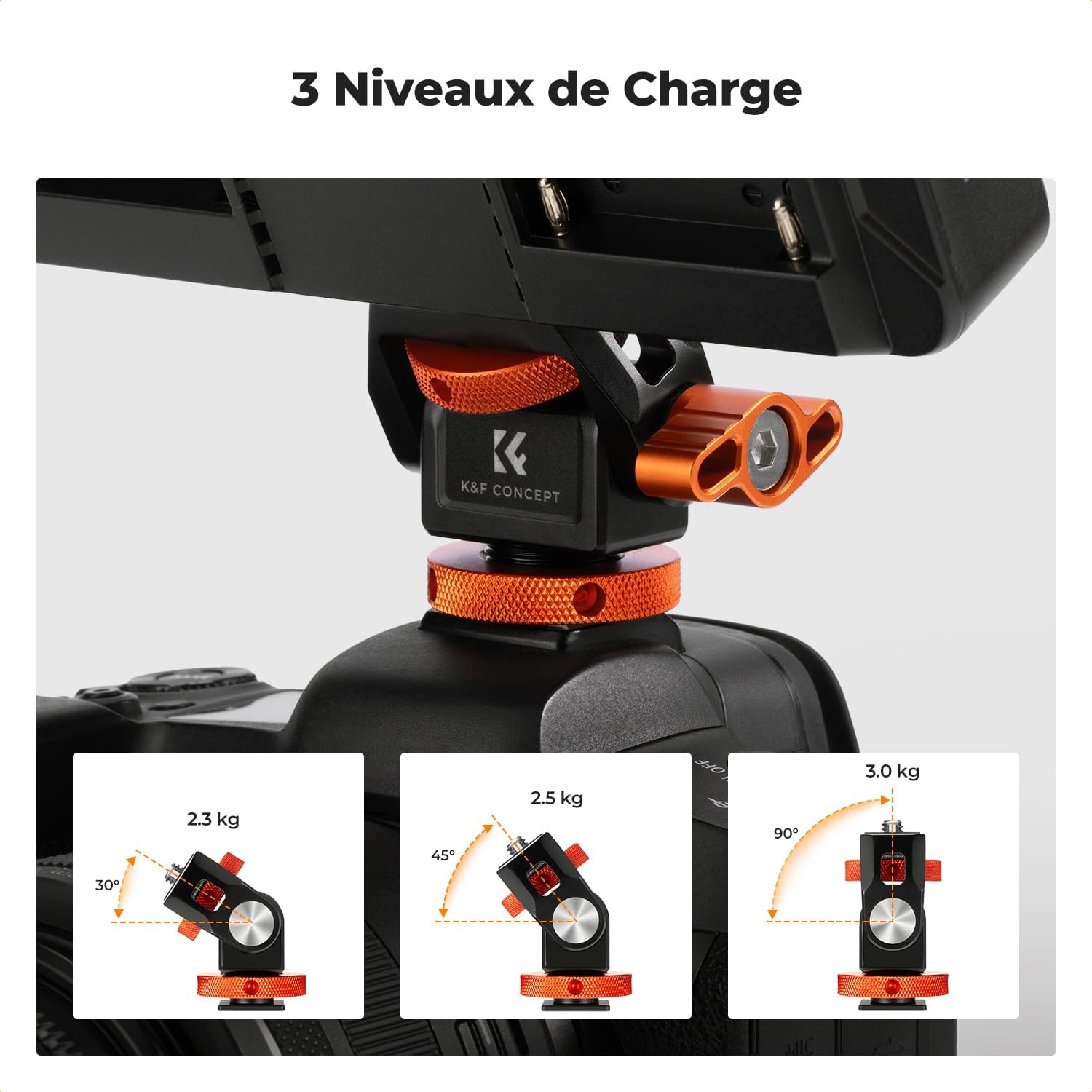Detalle de K&F CONCEPT Support de moniteur aluminium pour cage caméra (1/4” & Cold Shoe ARRI), inclinable 180° et rotatif 360°