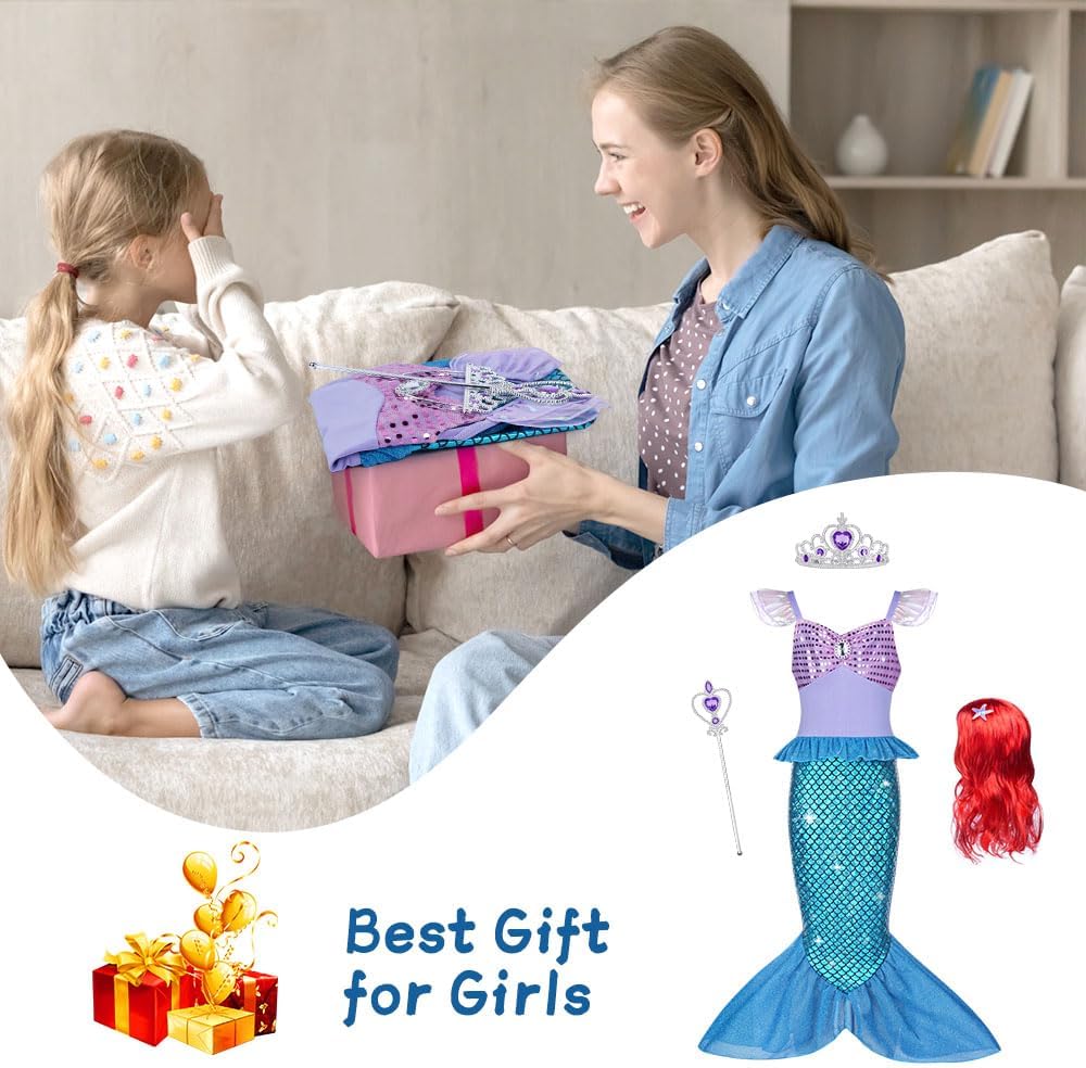 Thumbnail 6 de AOOWU Girls Mermaid Costume: Princess Mermaid Dress Set with Wig, Crown and Magic Wand