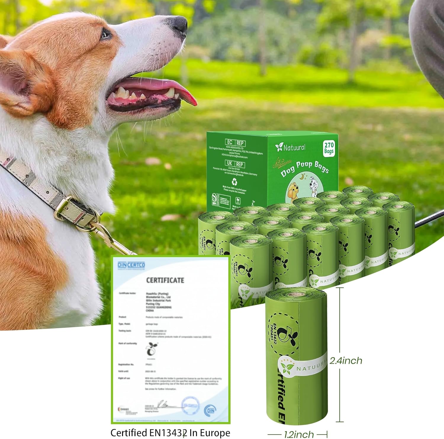Detalle 1 de Natuural Certified Compostable Dog Poop Bags (270 bags, 18 rolls) – Cornstarch-based, unscented, leak proof