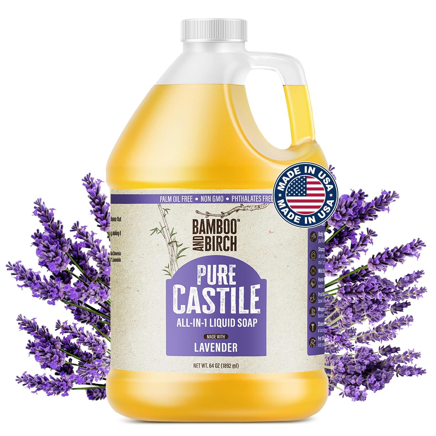 Detalle de Bamboo and Birch Pure Castile Soap Liquid (Lavender) — 64 oz, natural palm-oil-free liquid soap
