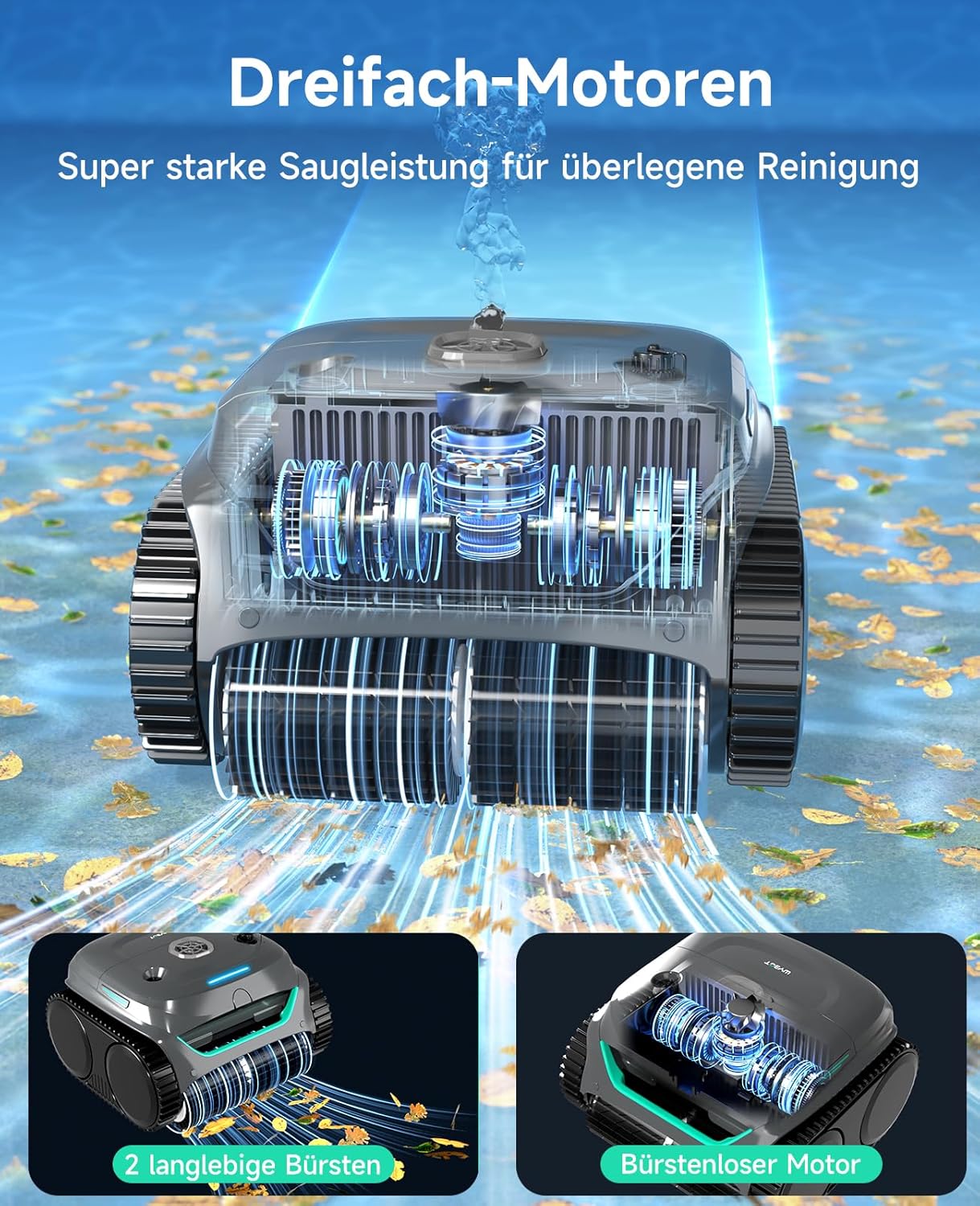 Detalle de WYBOT C2 Poolroboter Akku Boden und Wand – 3‑Fach Motor, Doppelfiltration, App‑Steuerung