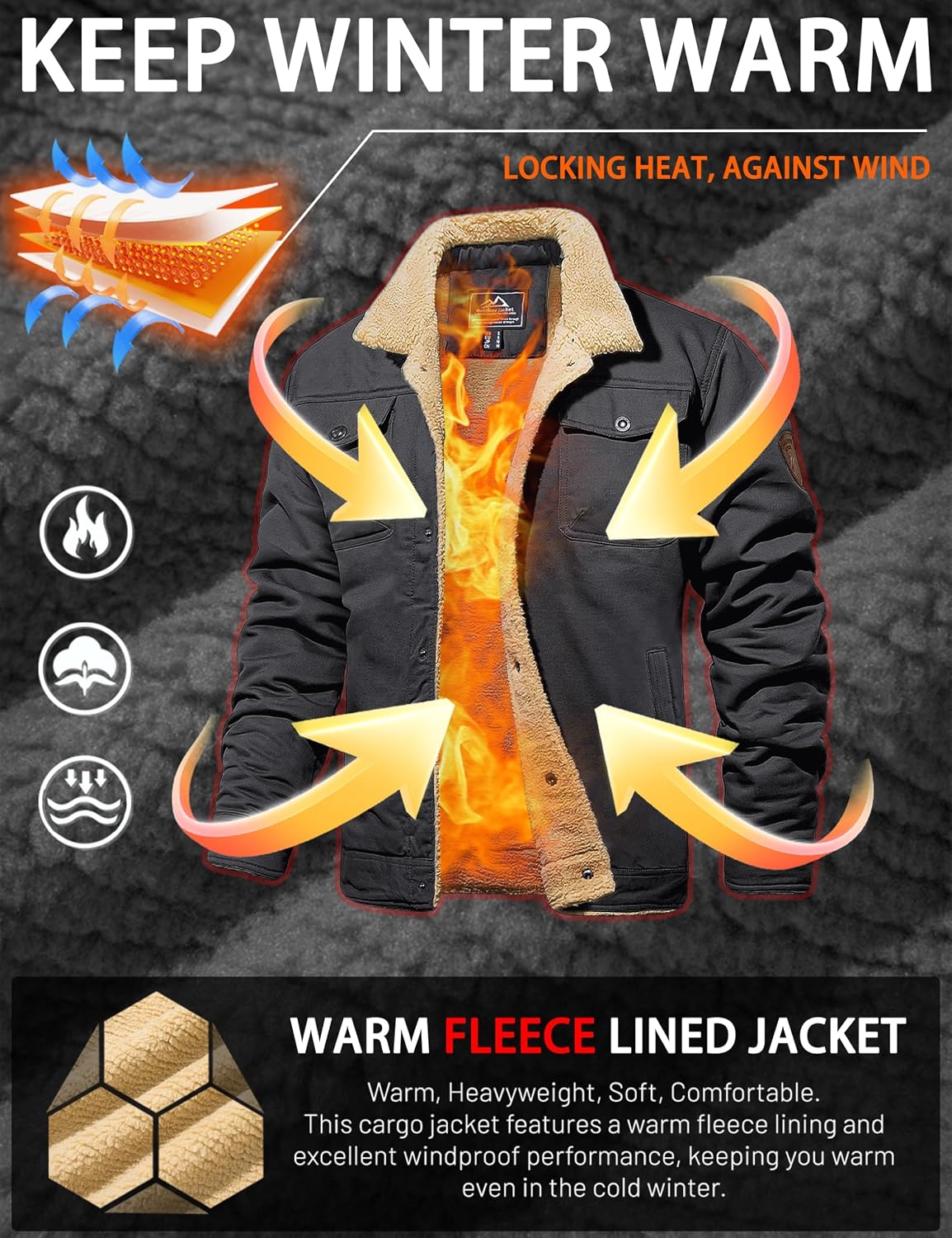 Detalle 1 de MAGCOMSEN Men's Sherpa-Lined Winter Jacket with Cotton Shell and 5 Pockets