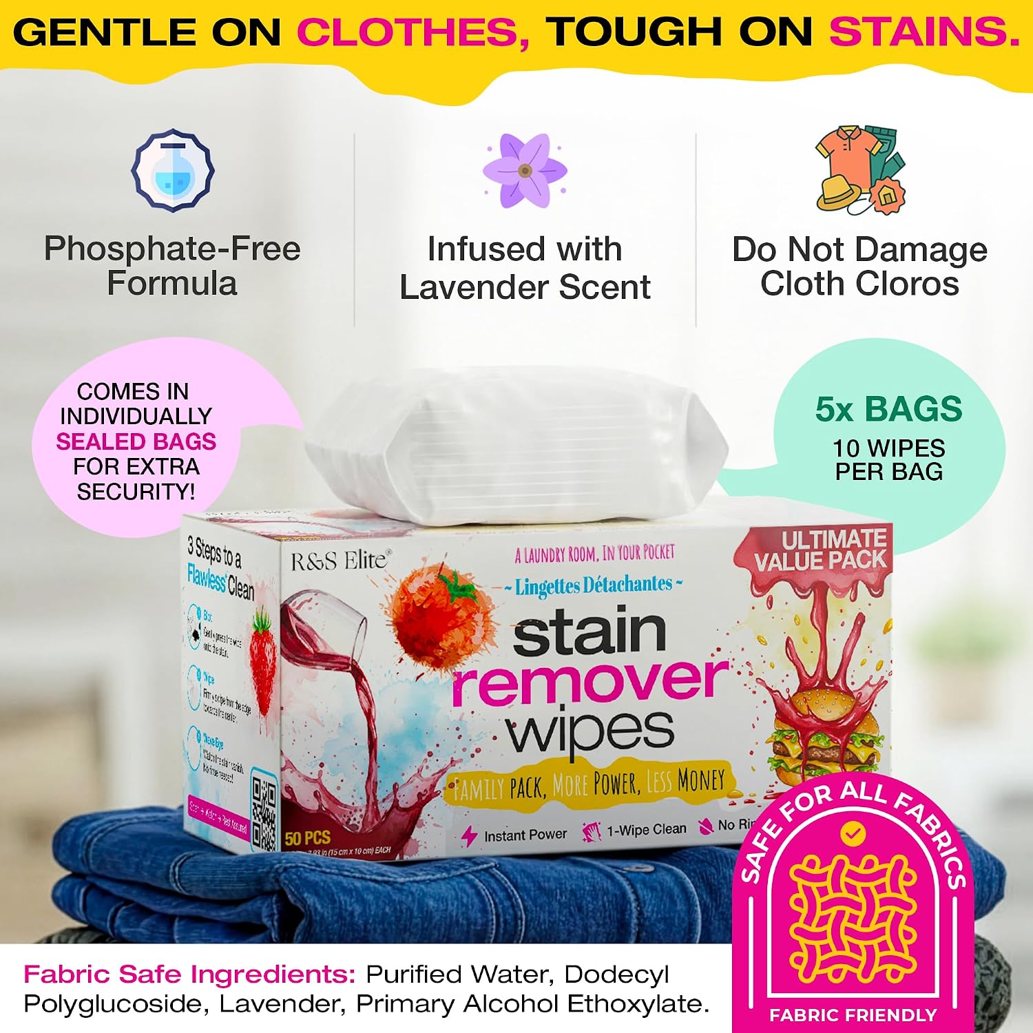 Detalle 2 de R&S ELITE Stain Remover Wipes, 50 Individually Wrapped, Bleach-Free Sheets