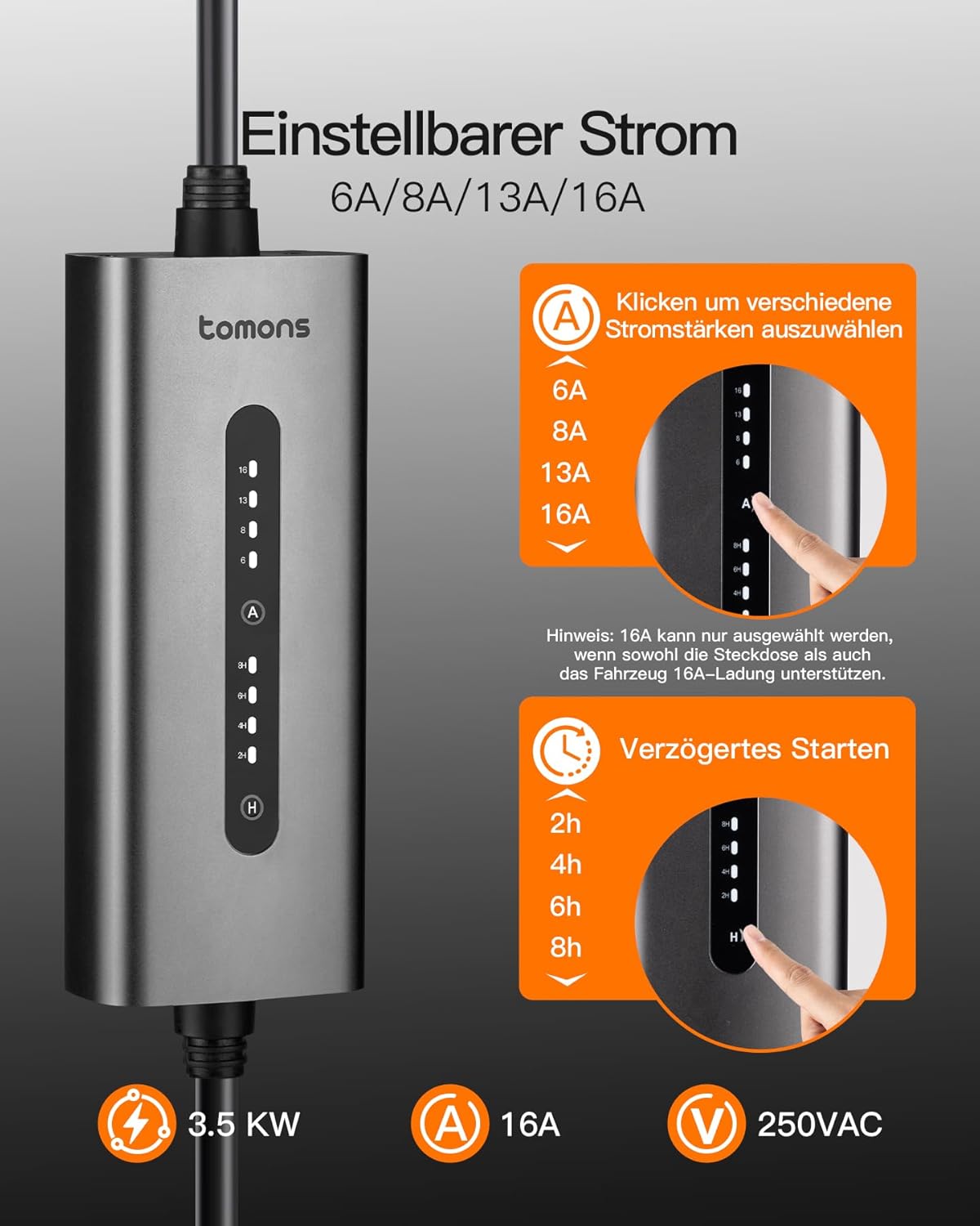 Detalle de Tomons 11kW Mobiles Wandladegerät, 3-Phasen – flexibel, zeitgesteuert & kompatibel mit IEC 62196-2