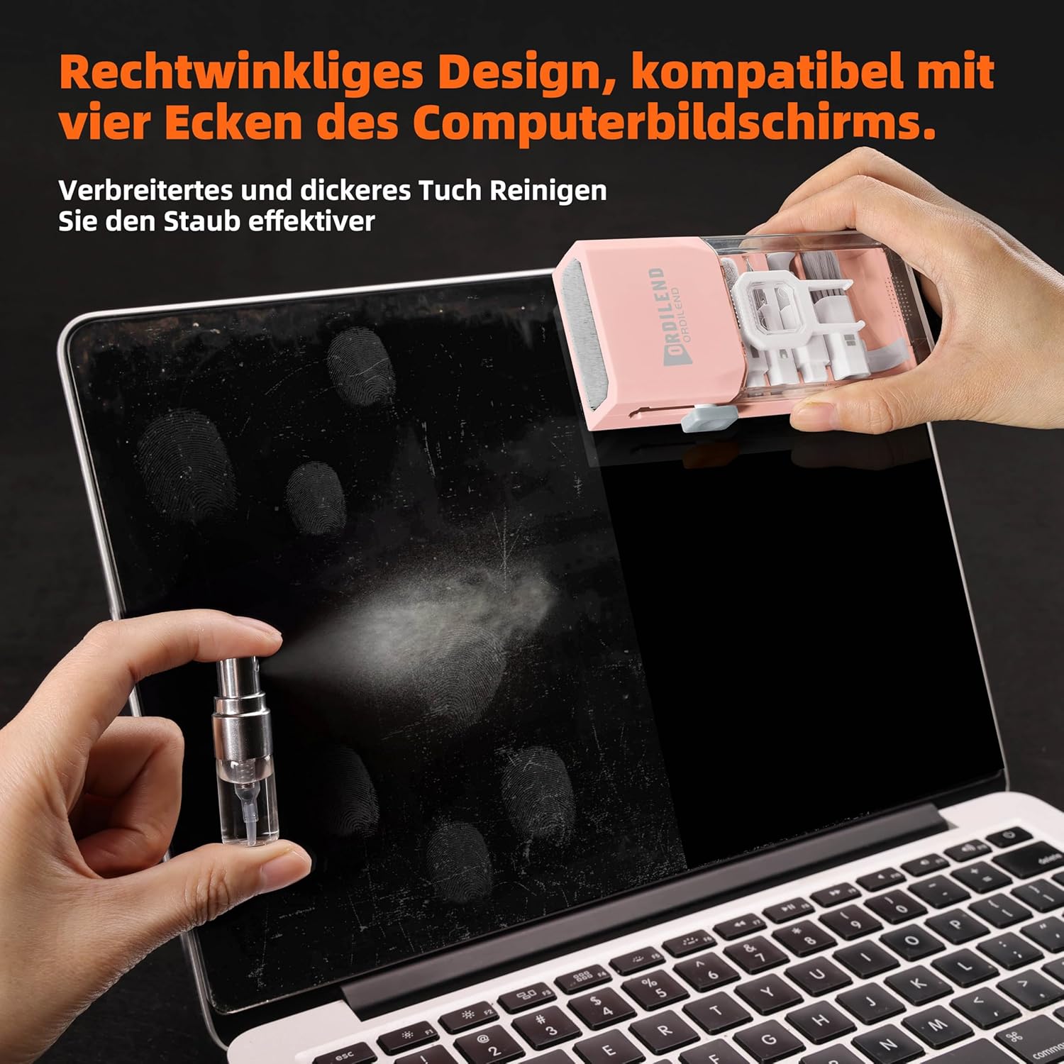 Detalle de Ordilend Tastatur Reinigungsset – Kompaktes Keyboard- und Laptop-Reinigungsset mit Bürsten, Mikrofasertüchern und Metallstift