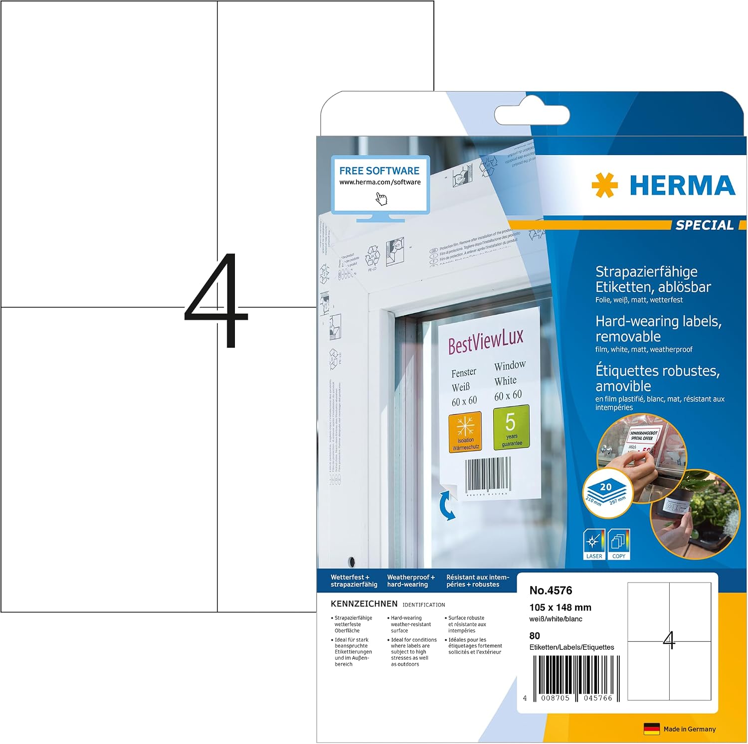Detalle de HERMA 4574 väderbeständiga, avtagbara A4-etiketter i polyesterfolie, 97 x 42,3 mm