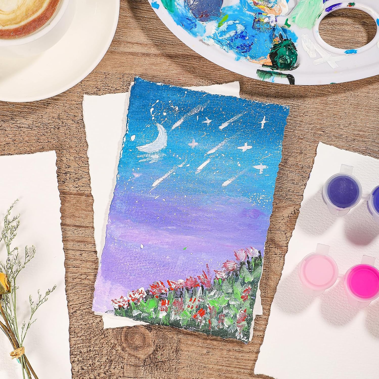 Detalle de Prudiut 25 Sheets Cotton Watercolor Paper (300 GSM), 4 x 6 in, White, Textured, Deckled Edge