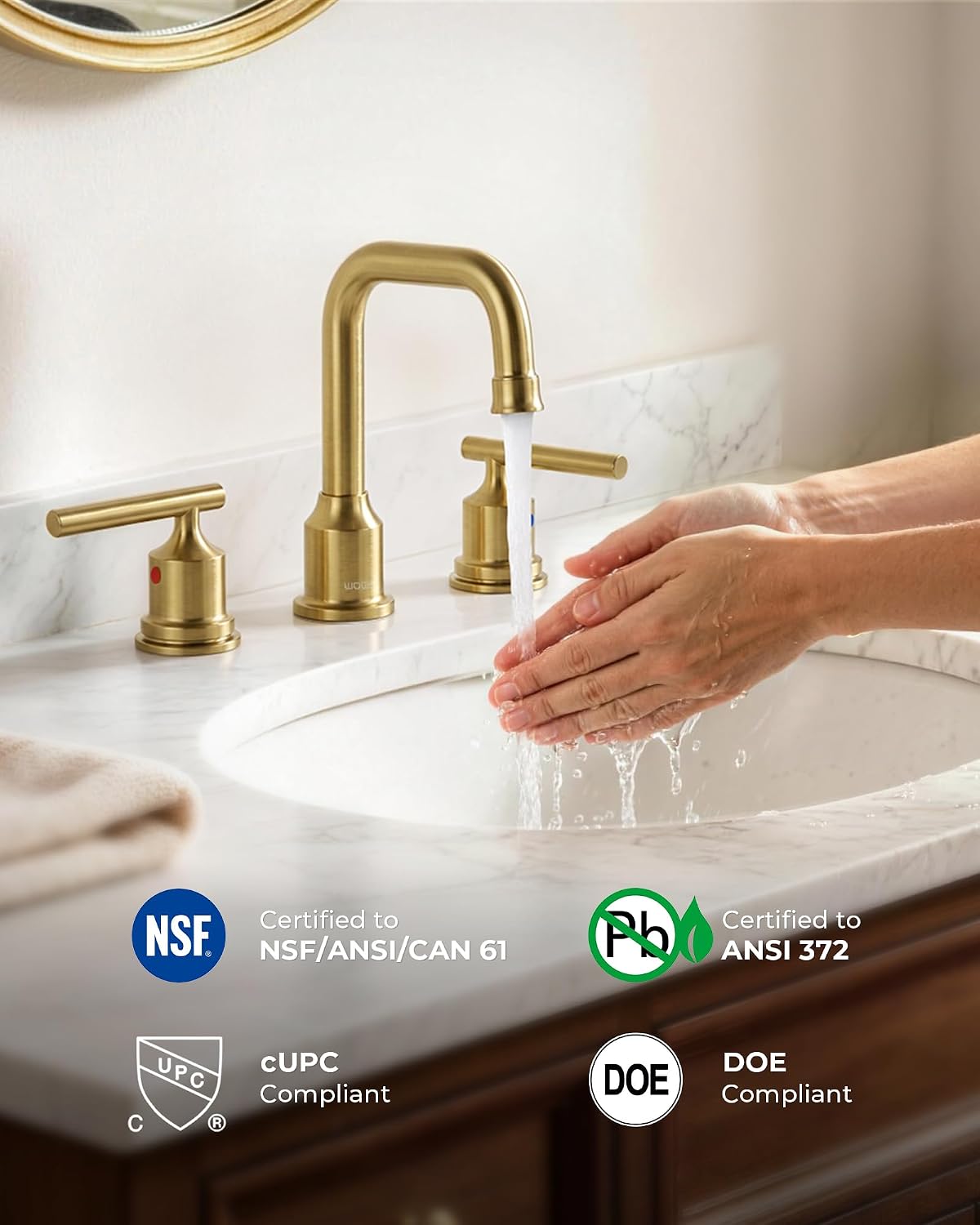 Detalle 2 de WOWOW 2320300G-AMUS Widespread Bathroom Faucet, Brushed Gold, Swivel Spout