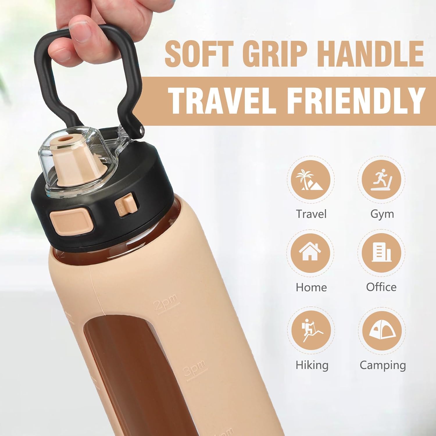 Detalle de BLUEGO 900ml Glass Water Bottle with Handle & Straw, Silicone Sleeve and Time Marking (Leak-proof)