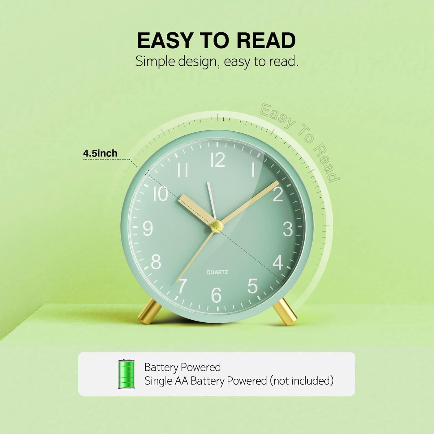 Detalle 2 de Jisile Silent Non-Ticking Battery Alarm Clock with Night Light (Sage Green)