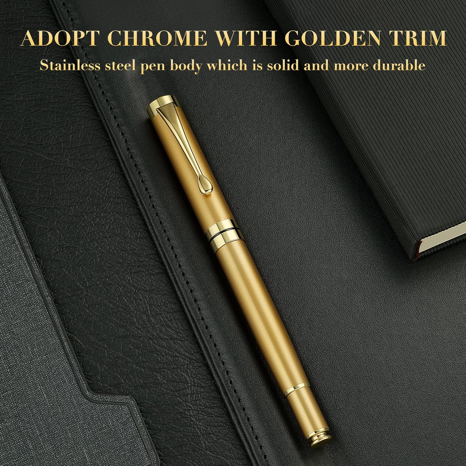 Detalle de BEILUNER Stainless Steel Pen Set with Golden Trim, Black Ink and Gift Box
