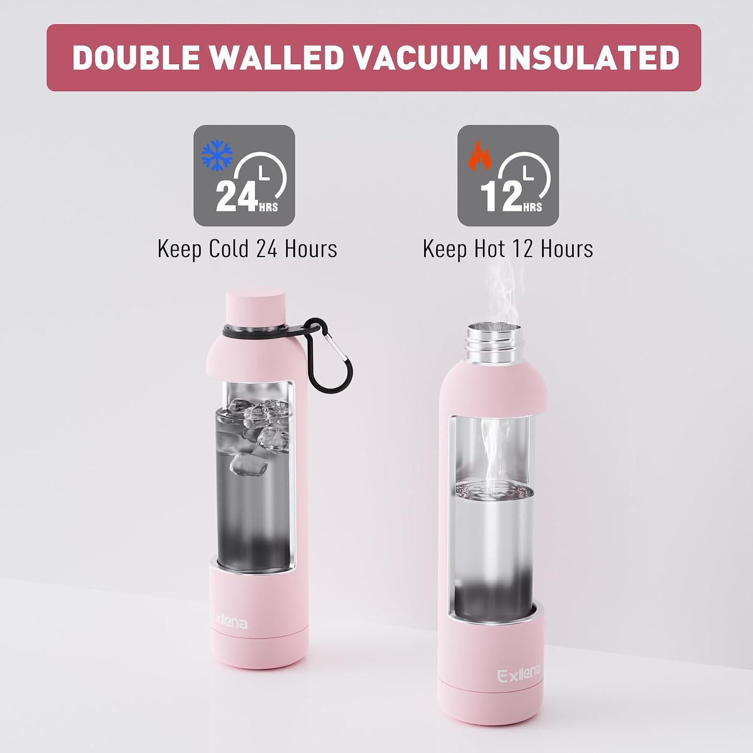 Detalle de Exllena 1l Insulated Water Bottle with Clip – Double-Wall Vacuum Stainless Steel (Pink)