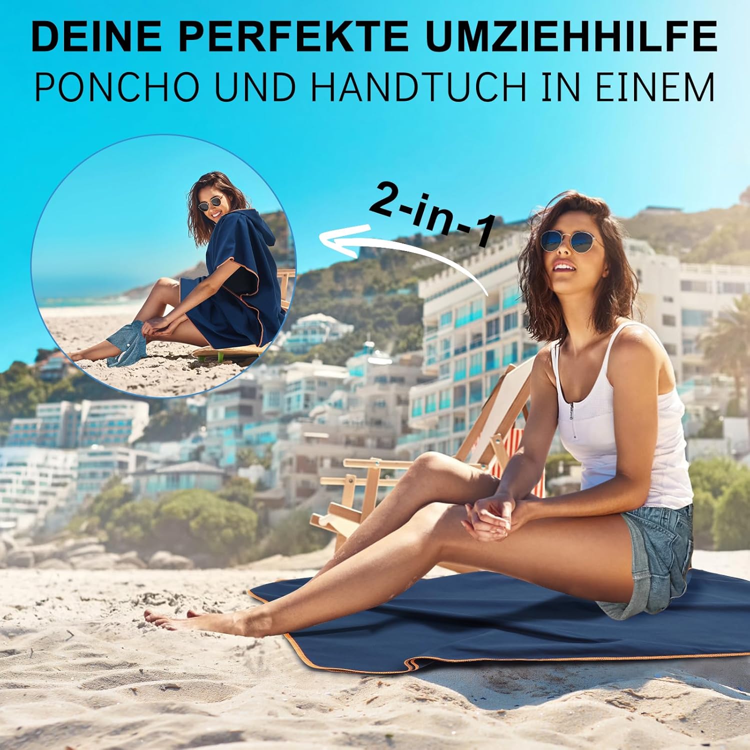 Detalle 2 de Poncho da bagno in microfibra per uomo e donna – 110x90 cm, asciugamano poncho blu scuro