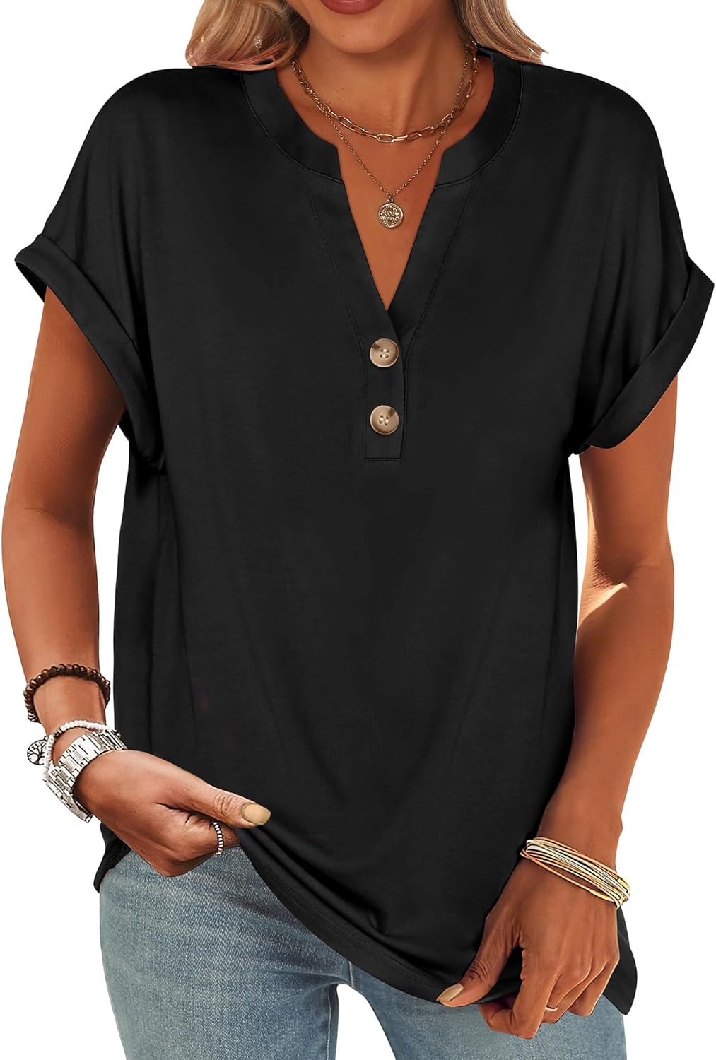Detalle de ANRABESS Womens Henley Short Sleeve Top