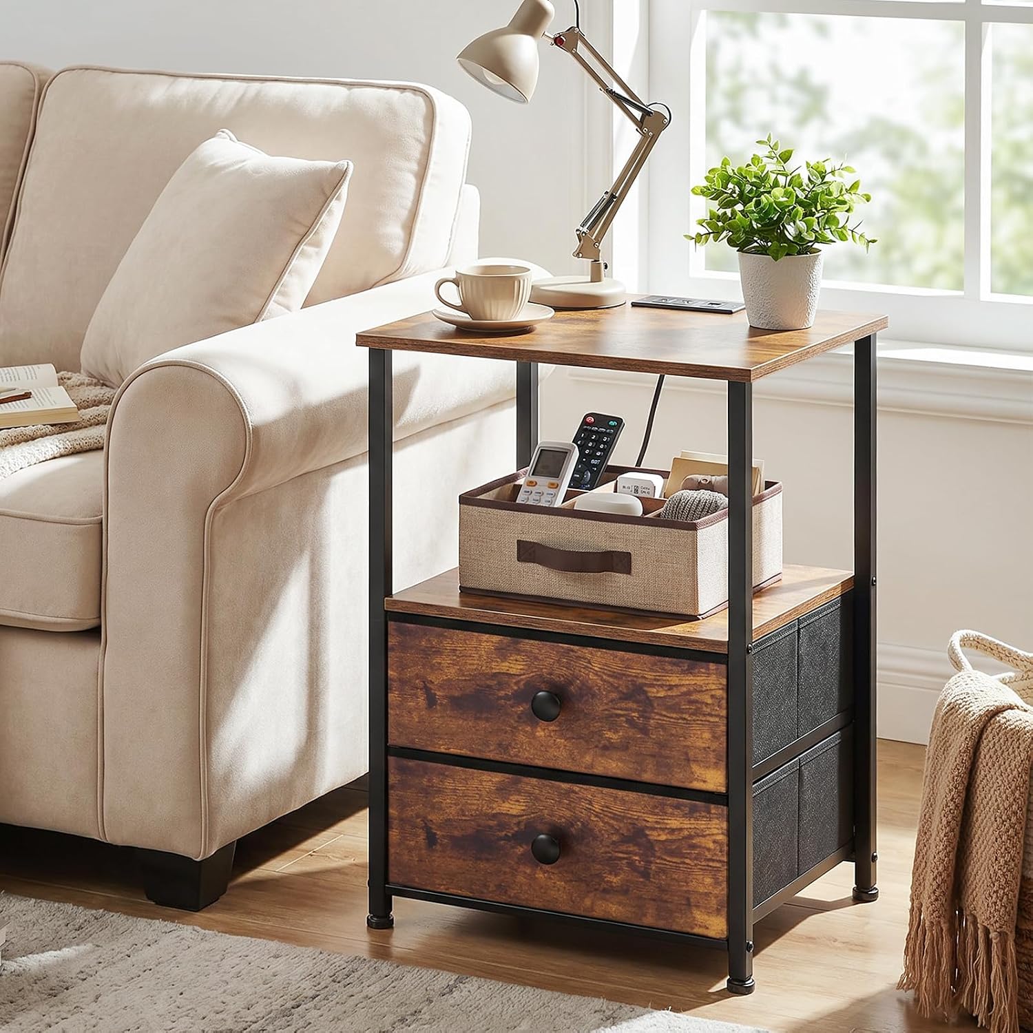 Thumbnail 6 de LOAKEKEL Night Stand Set of 2 with Charging Station, 2 Fabric Drawers and Storage Shelves