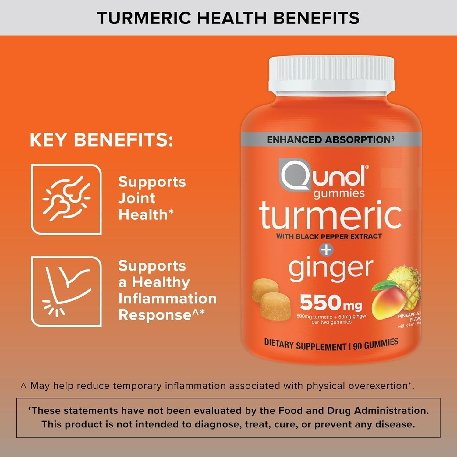 Detalle de Qunol Turmeric Gummies, 550 mg, Pineapple Mango, with Black Pepper & Ginger, 90 Count