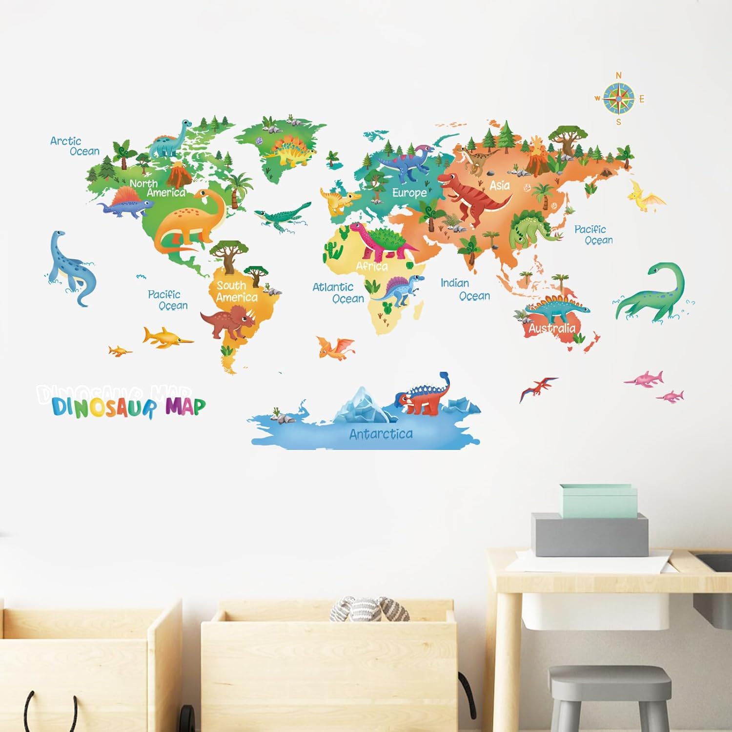 Thumbnail 2 de FUFUQUARE Cute Dinosaurs World Map Wall Sticker – Large Colourful Dino Peel & Stick Vinyl