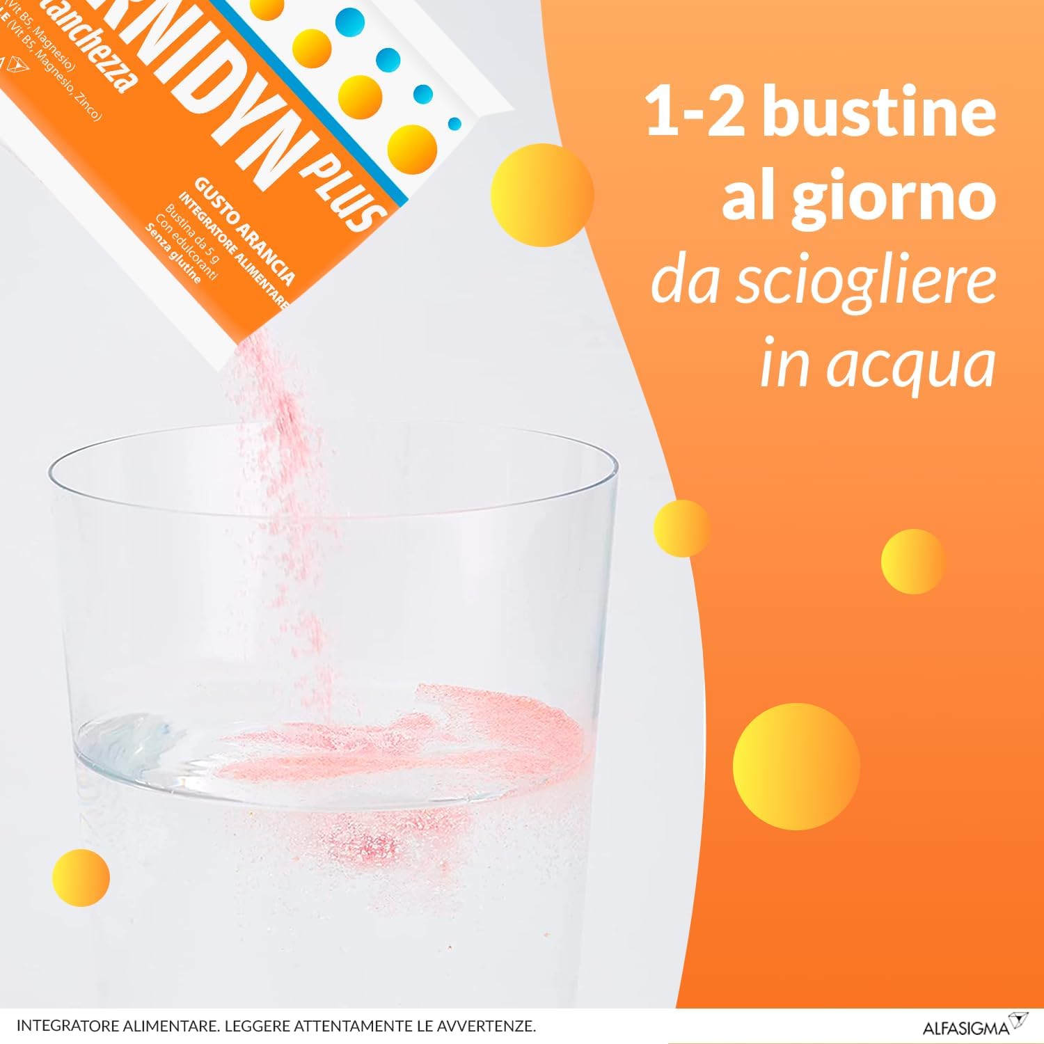 Detalle de Carnidyn Plus: integratore in bustine per energia e concentrazione, gusto arancia