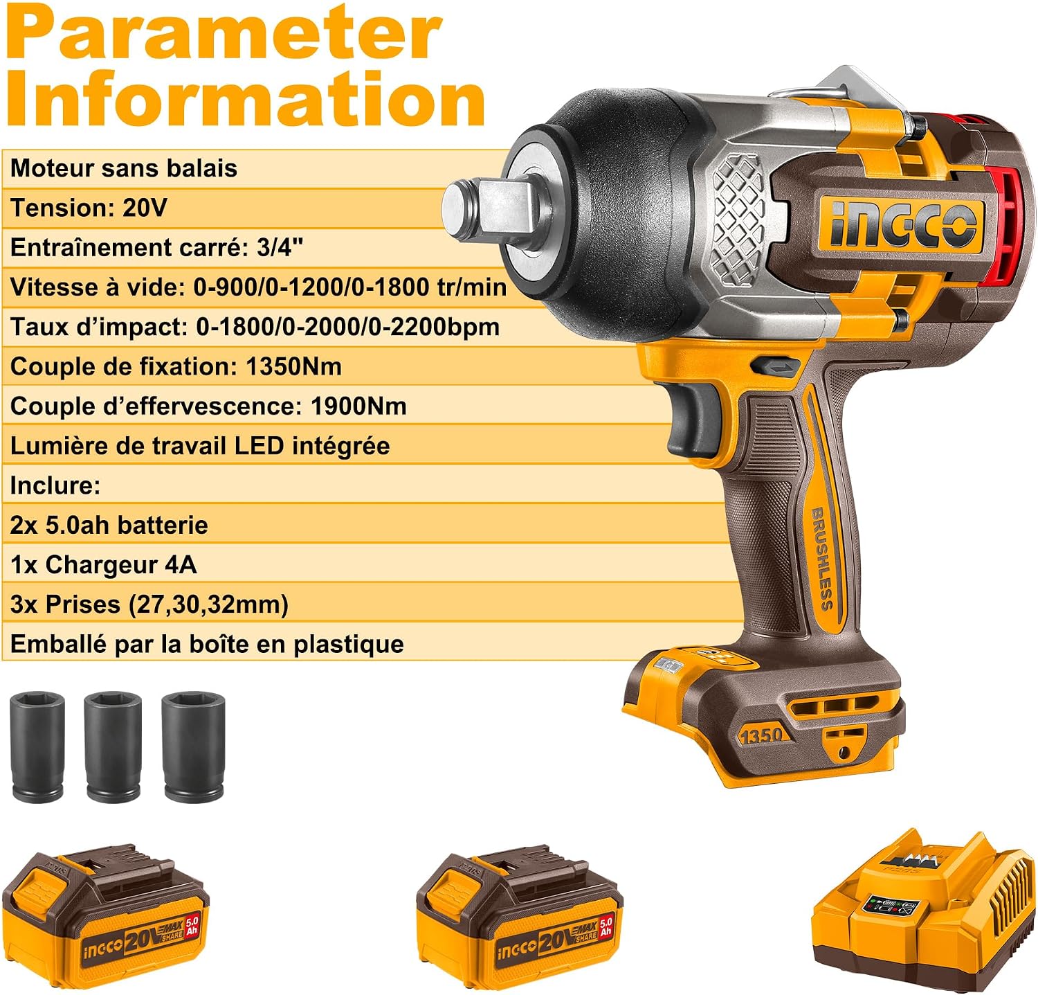 Thumbnail 6 de INGCO CIWLI20135 3/4 Inch High Torque Impact Wrench 1350NM (20V Brushless) with 2x 5.0Ah Batteries & Charger