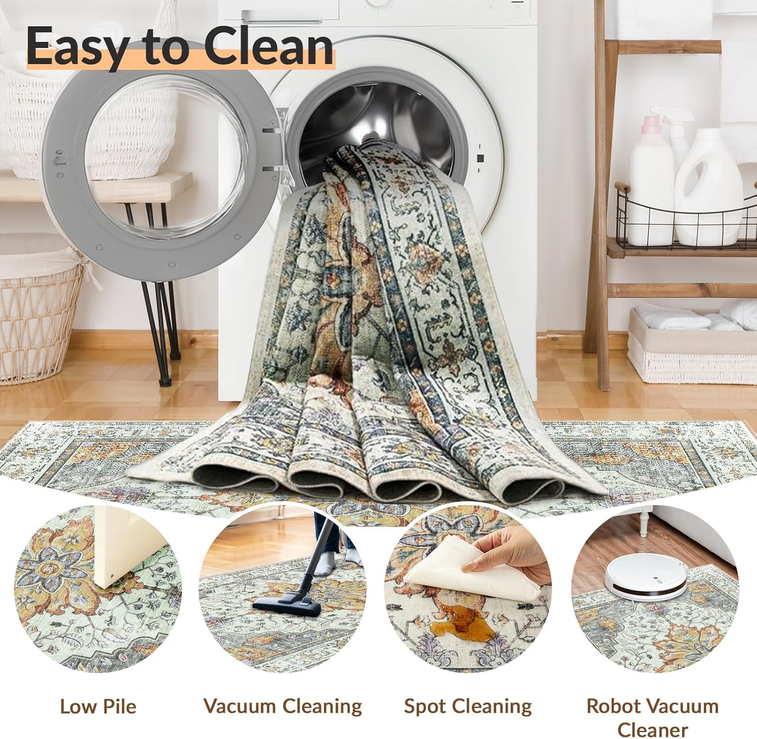 Thumbnail 2 de INOVADAY Machine Washable Vintage Low Pile Area Rug, 180x270 cm (Yellow/Grey/Orange/Purple)