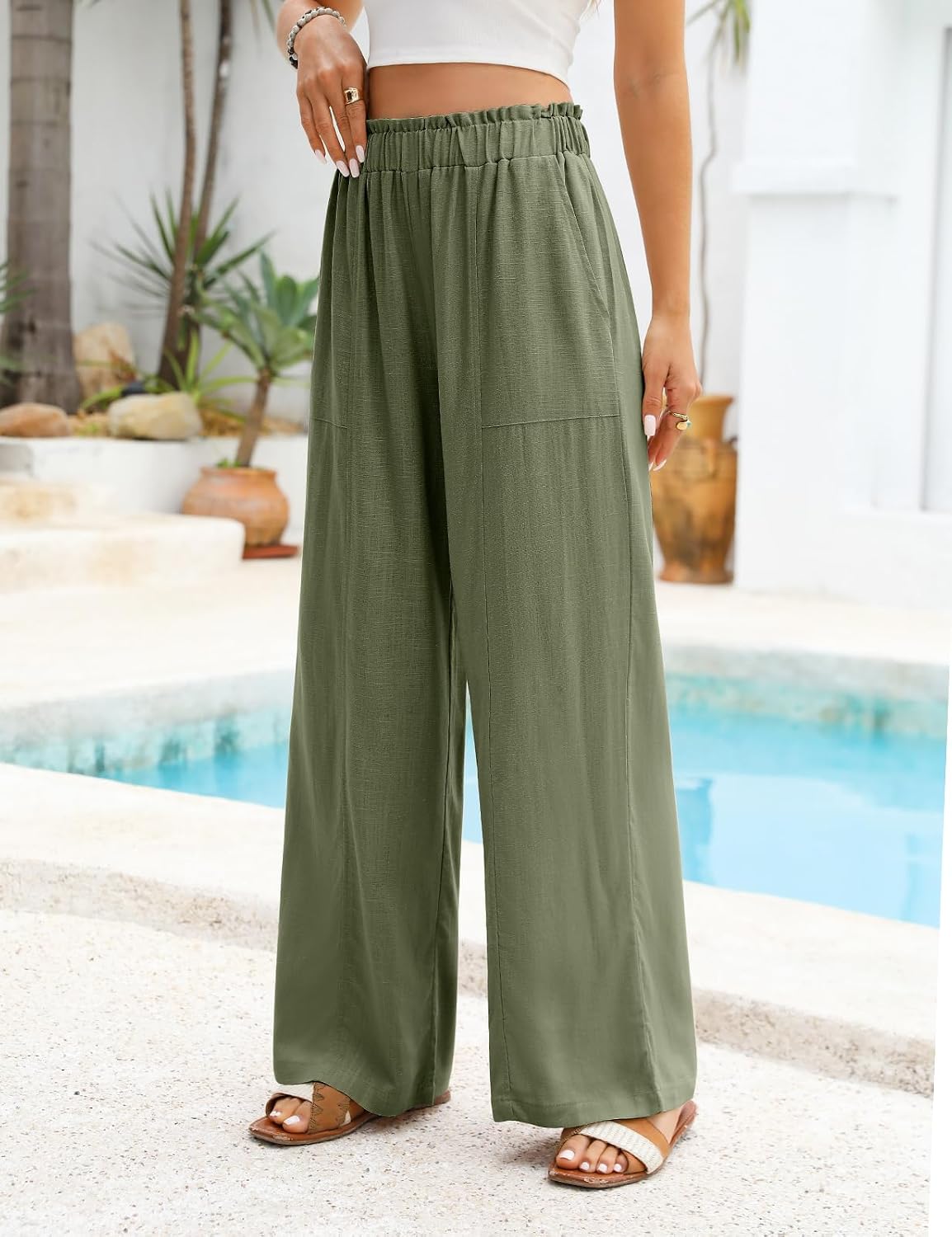 Thumbnail 6 de Niwicee Pantalon fluide femme en lin et viscose, taille haute élastique, coupe droite ample avec poches (pantacourt)