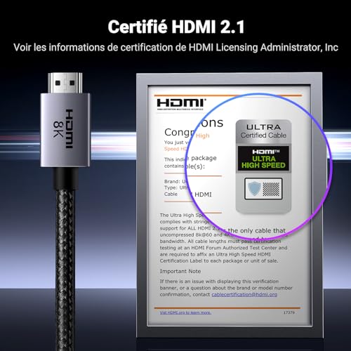 Thumbnail 1 de UGREEN Câble HDMI 2.1 Certifié 8K/10K – 2m, 48 Gbps