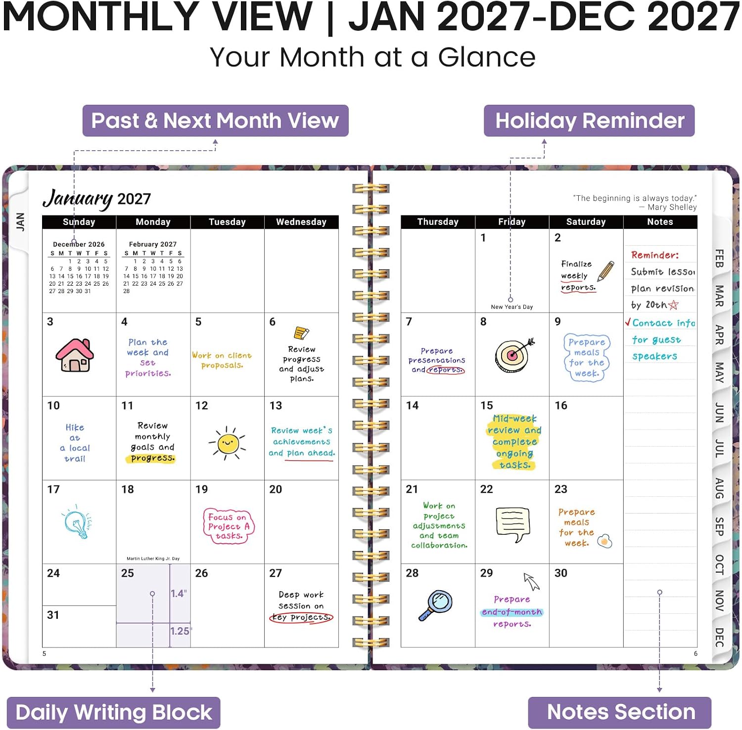 Thumbnail 1 de JEJEGO 2027 Weekly and Monthly Planner, Hardcover Spiral, Lavender Floral