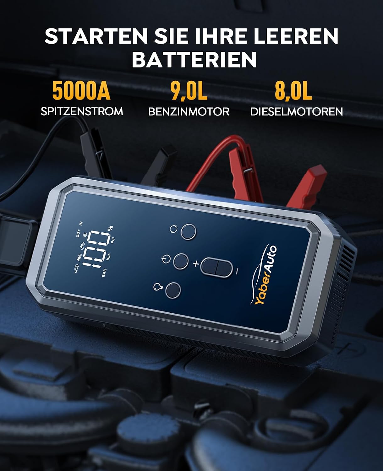 Detalle de YaberAuto 5000A Auto Starthilfe (YA70) mit LCD, 21.800 mAh Powerbank und 150 PSI Kompressor