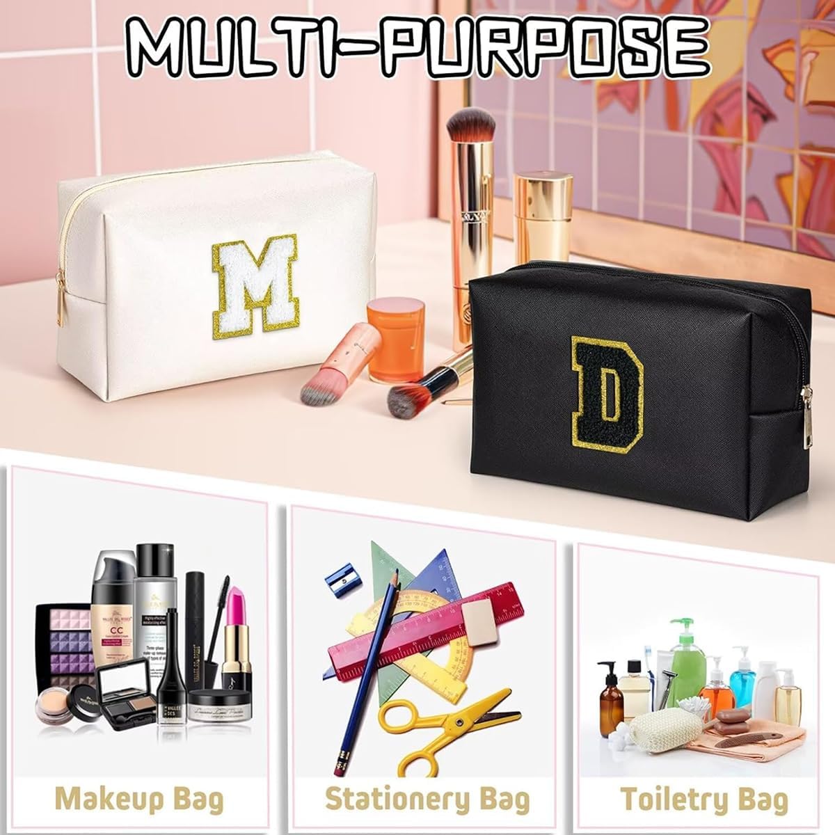 Thumbnail 5 de Anntry Small Personalised Initial Letter Makeup Bag – Pink PU Leather with Gold Chenille Patch