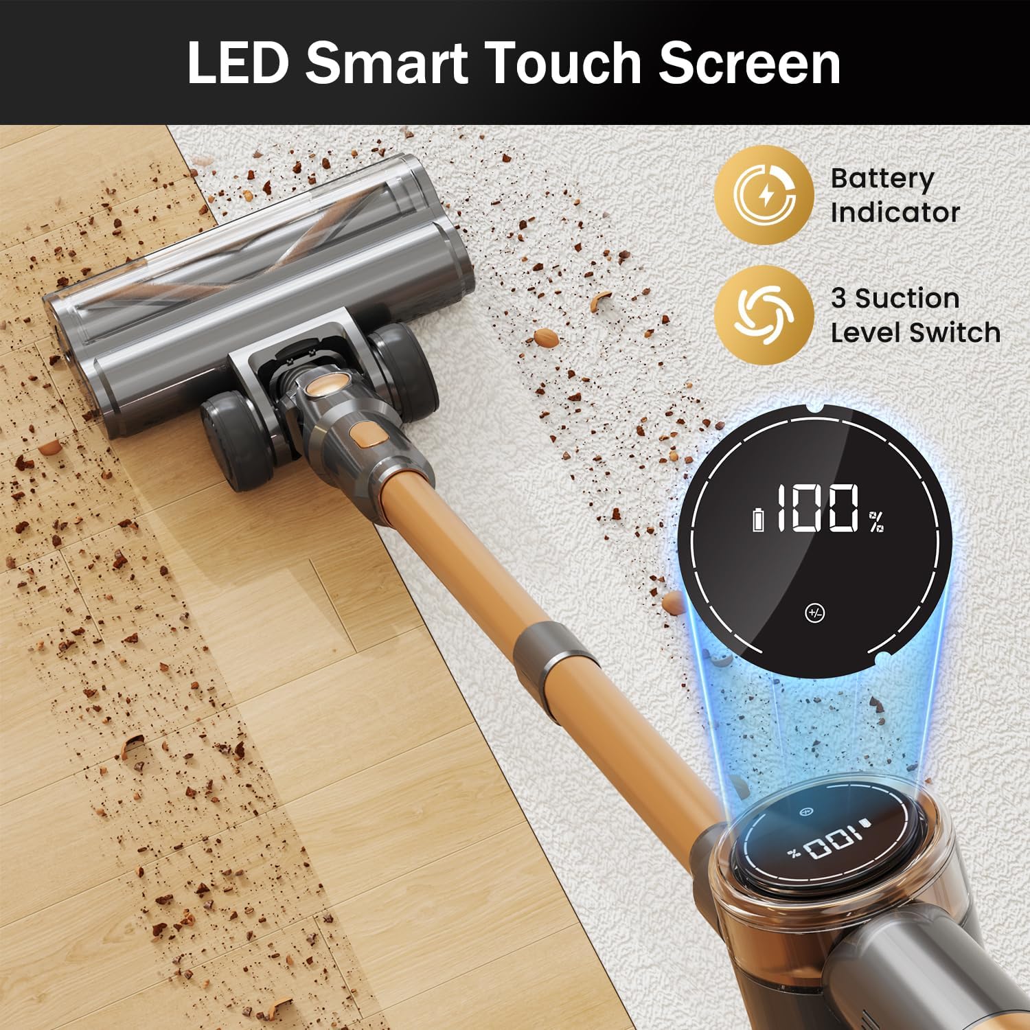 Detalle 2 de NuYupo DHC100 Cordless Stick Vacuum Cleaner (10-in-1) with 45-minute runtime and touch screen (Gold)