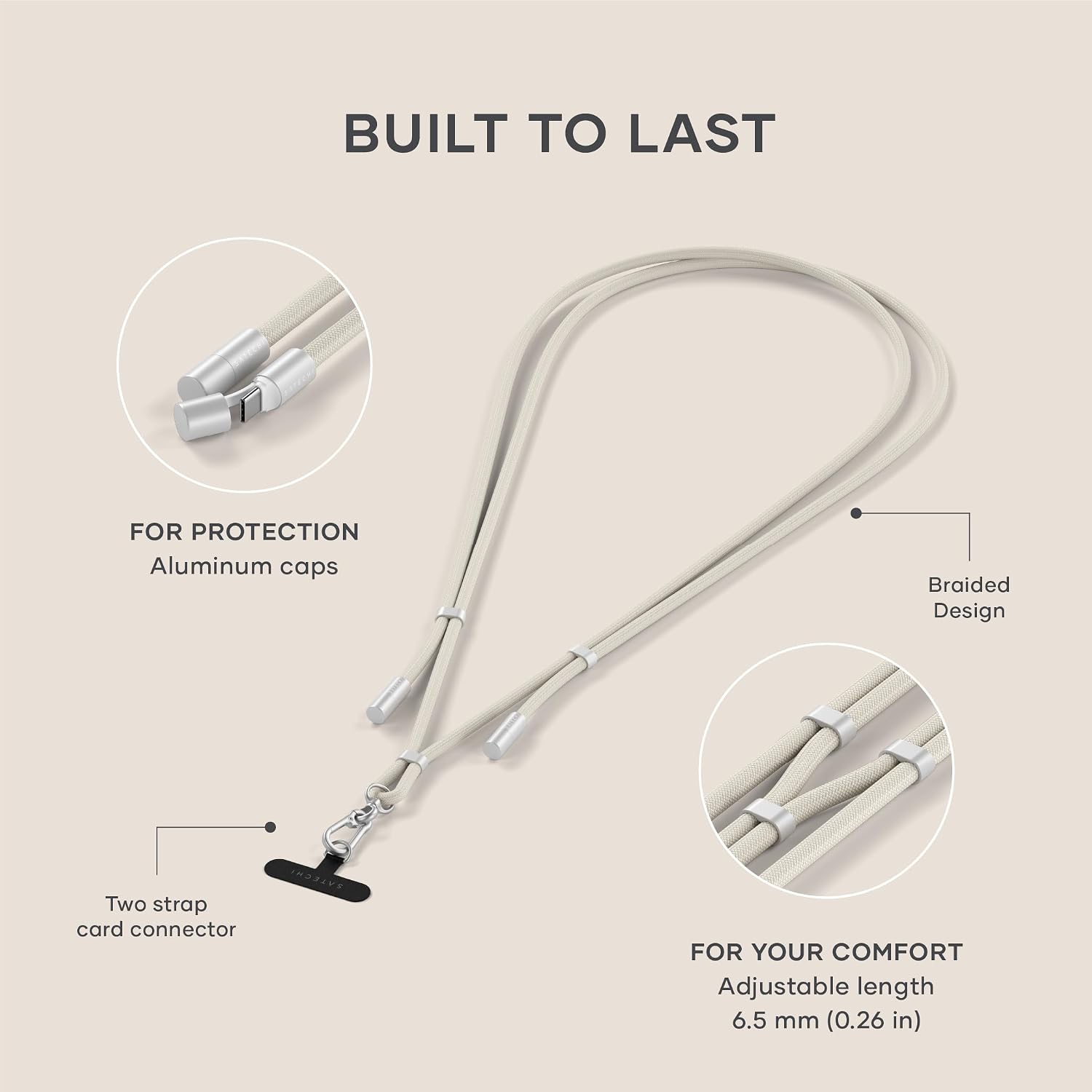 Detalle de Satechi OntheGo™ Cordon Téléphone USB‑C (60W) avec câble tressé 1,5 m et transfert jusqu’à 480Mbps – Beige