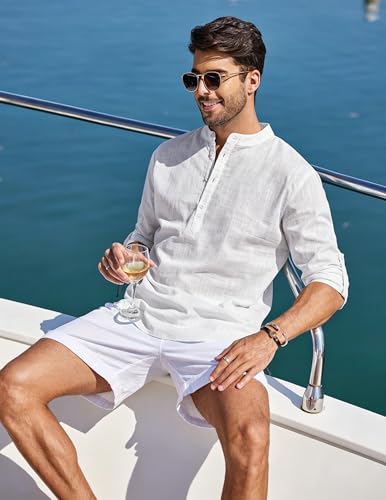 Detalle de Cegerne Camicia in Lino da Uomo a Maniche Lunghe – Estiva, Leggera e Traspirante (Bianco Sporco, Taglia L)