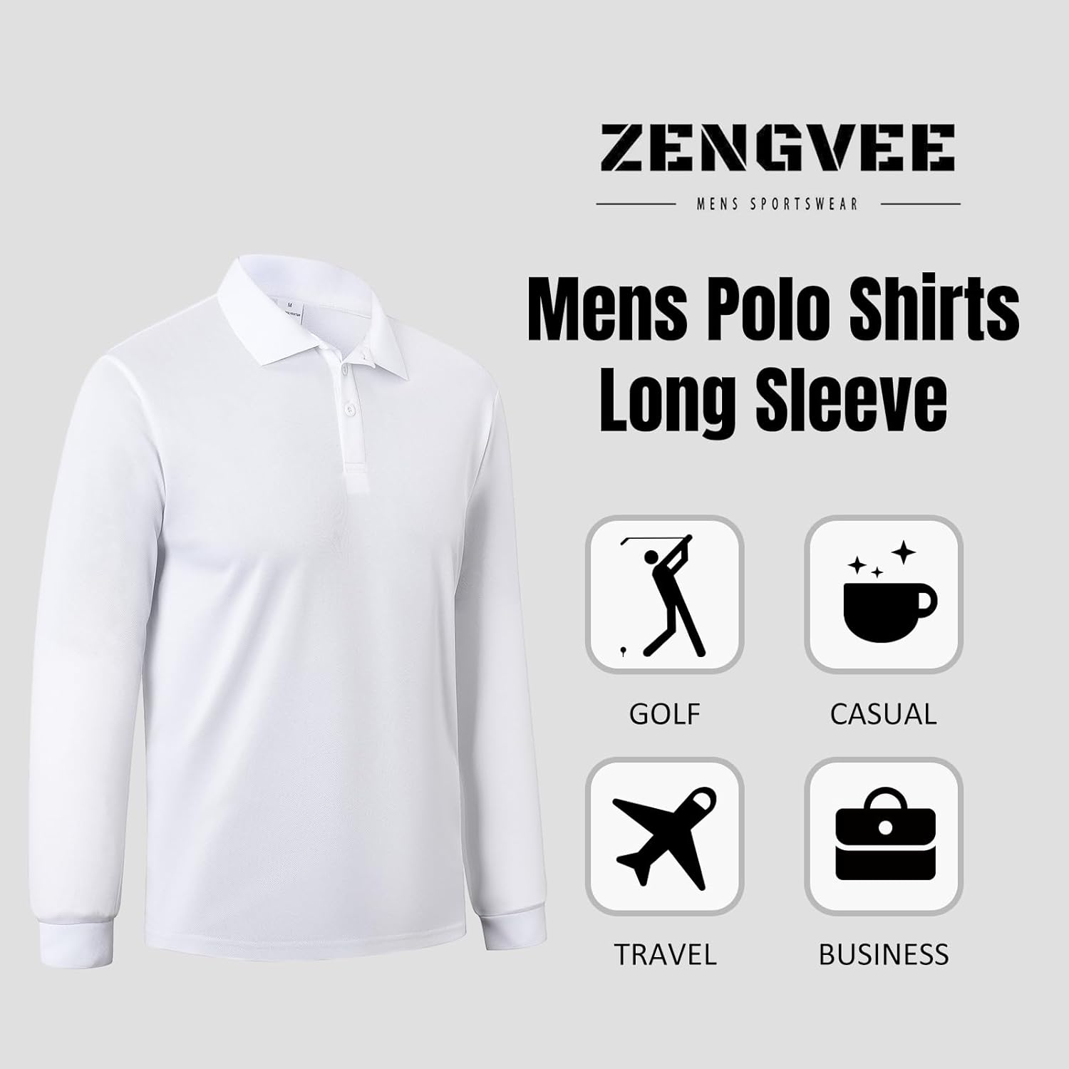 Detalle de ZENGVEE Men's Long Sleeve Polo Shirts 3 Pack – Quick Dry, Lightweight & Breathable